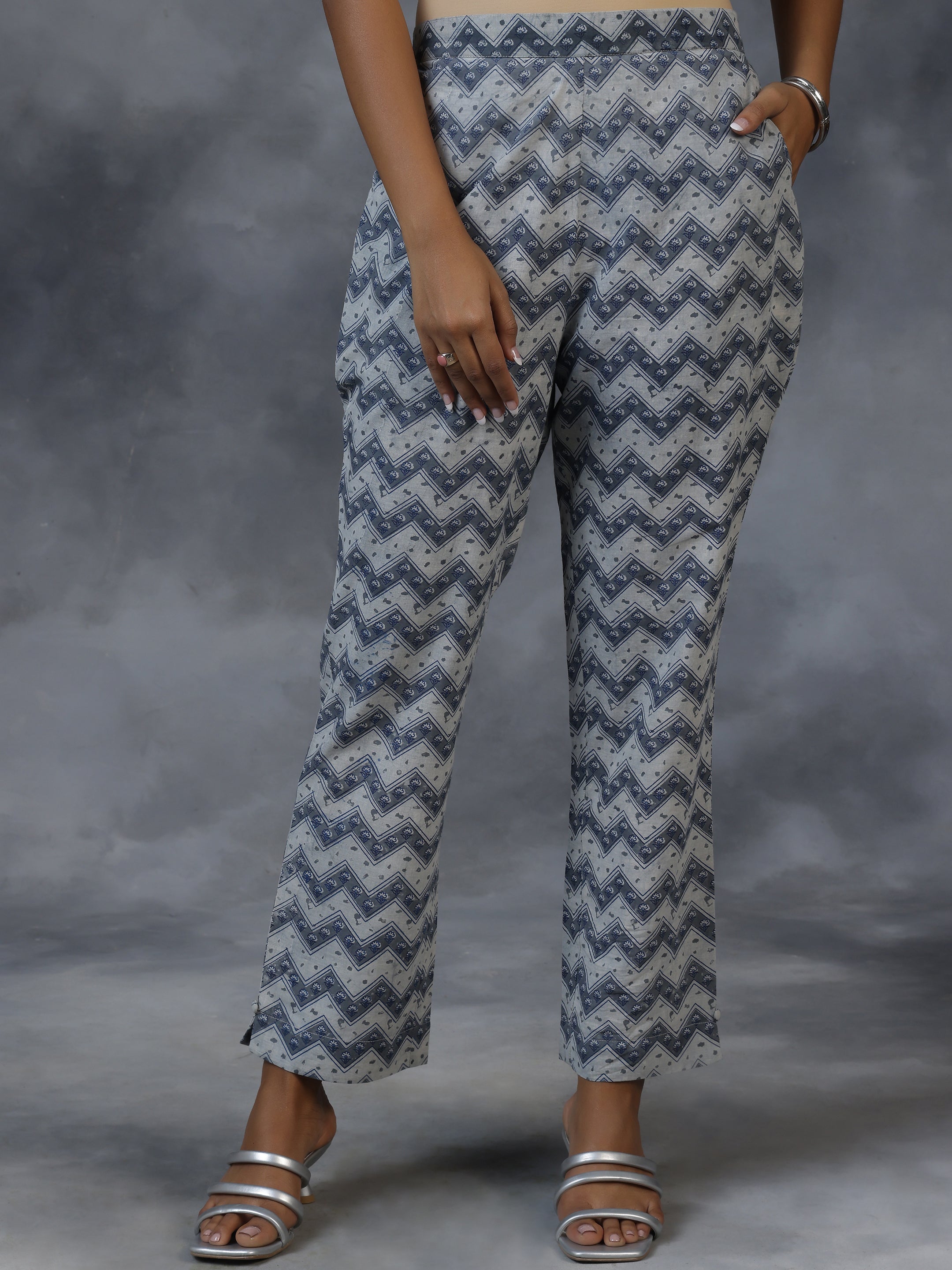 Grey Printed Cotton A-Line Kurta With Palazzos