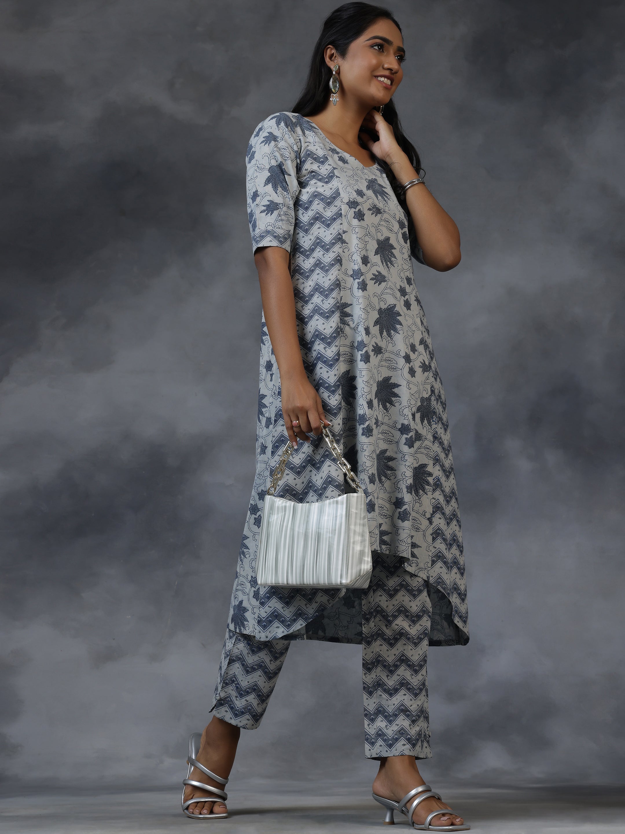 Grey Printed Cotton A-Line Kurta With Palazzos