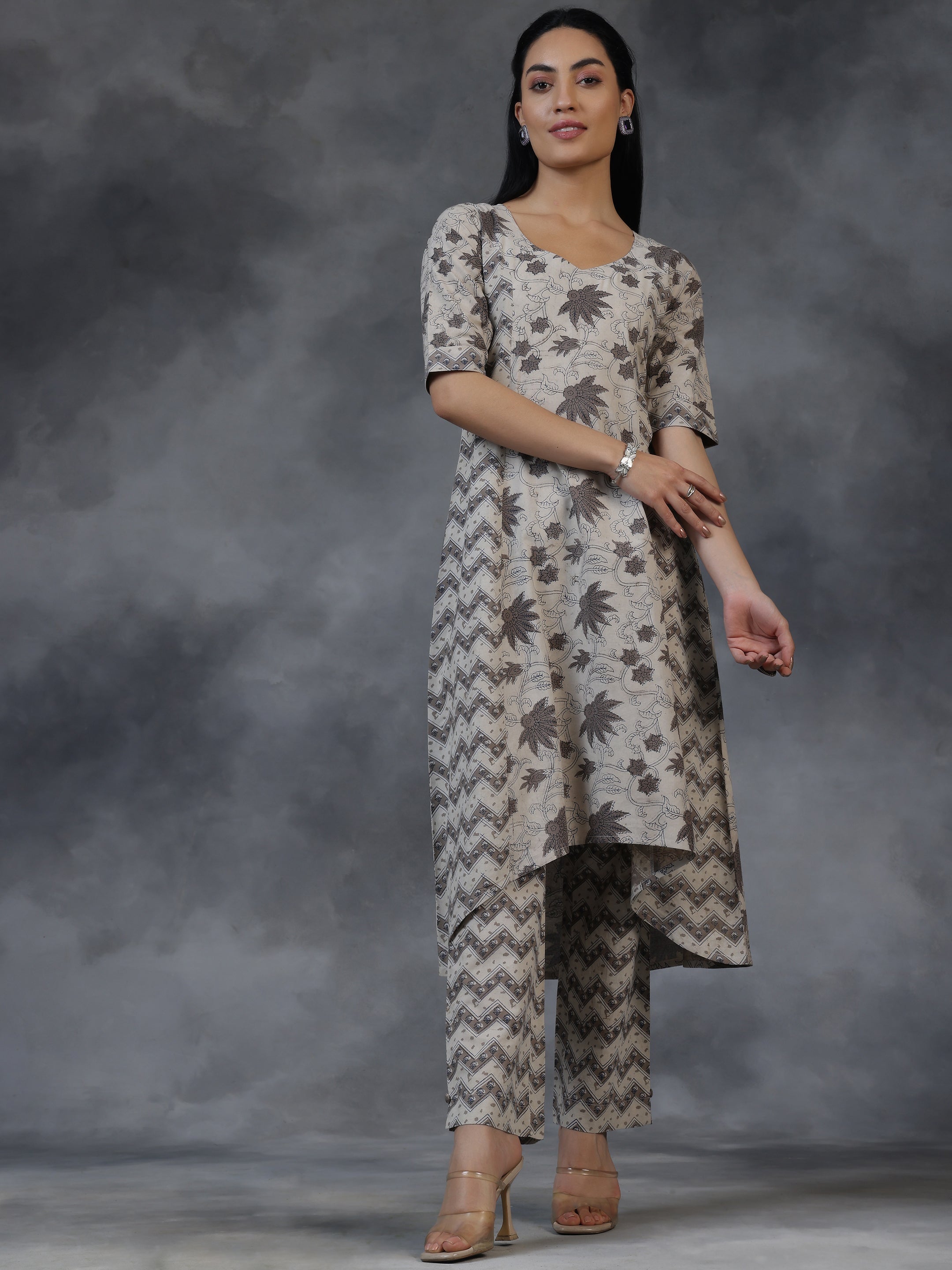 Beige Printed Cotton A-Line Kurta With Palazzos