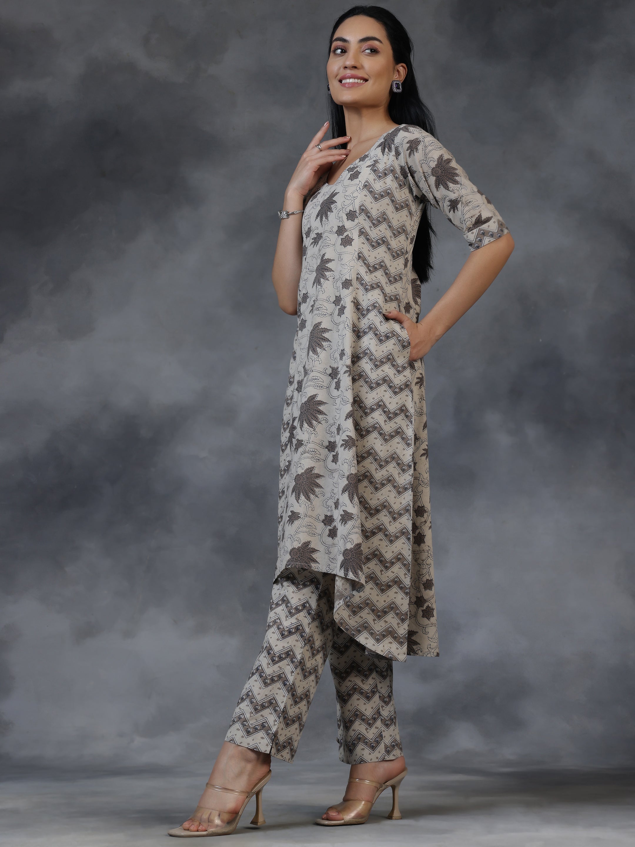 Beige Printed Cotton A-Line Kurta With Palazzos