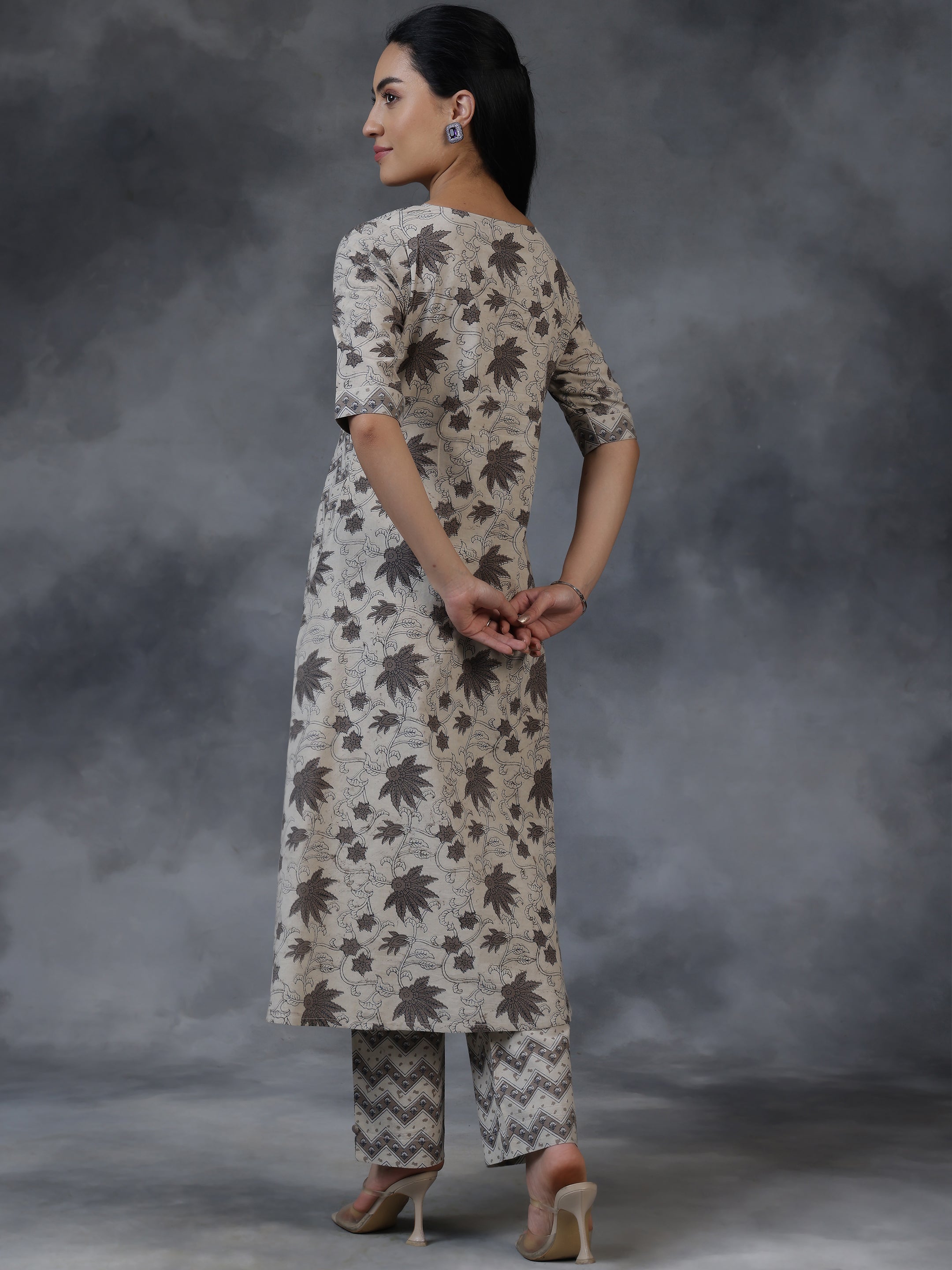 Beige Printed Cotton A-Line Kurta With Palazzos