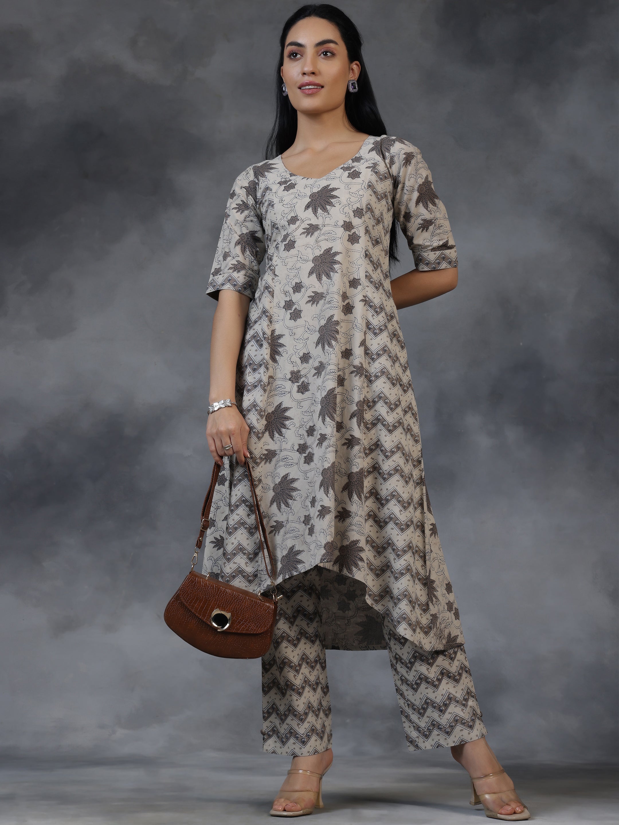 Beige Printed Cotton A-Line Kurta With Palazzos