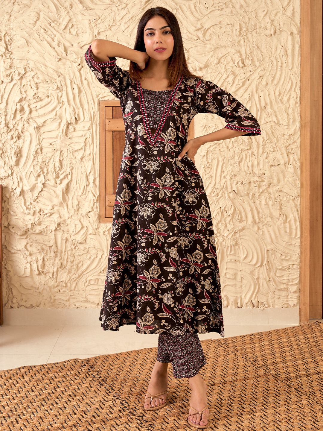 Black Printed Cotton A-Line Kurta With Palazzos