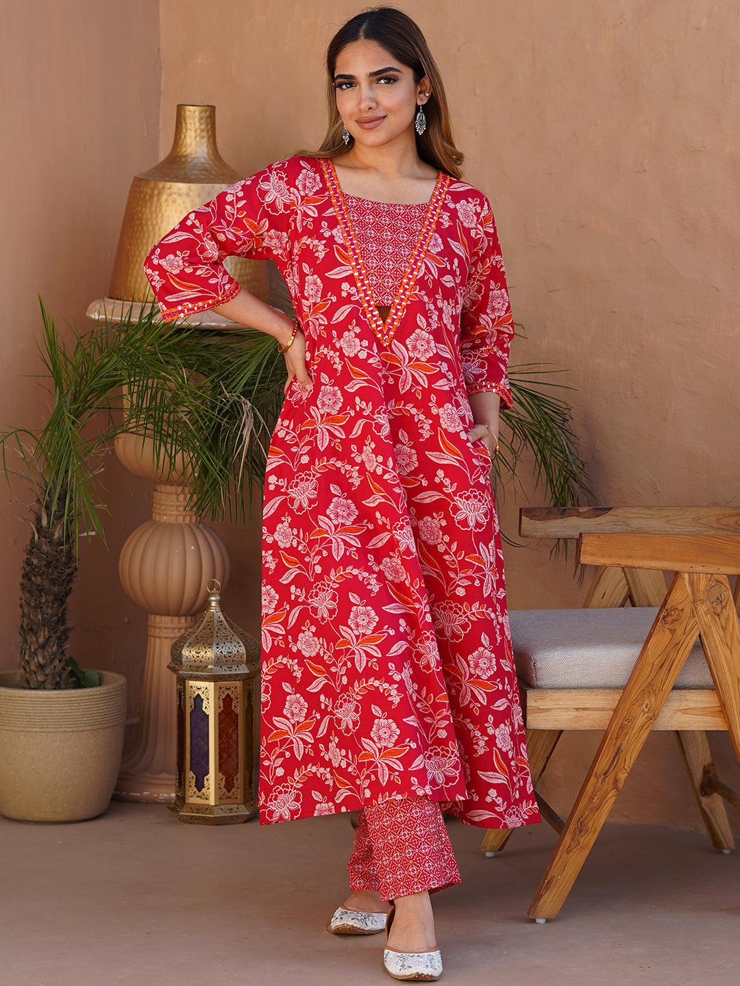 Taruni Pink Printed Cotton A-Line Kurta With Palazzos