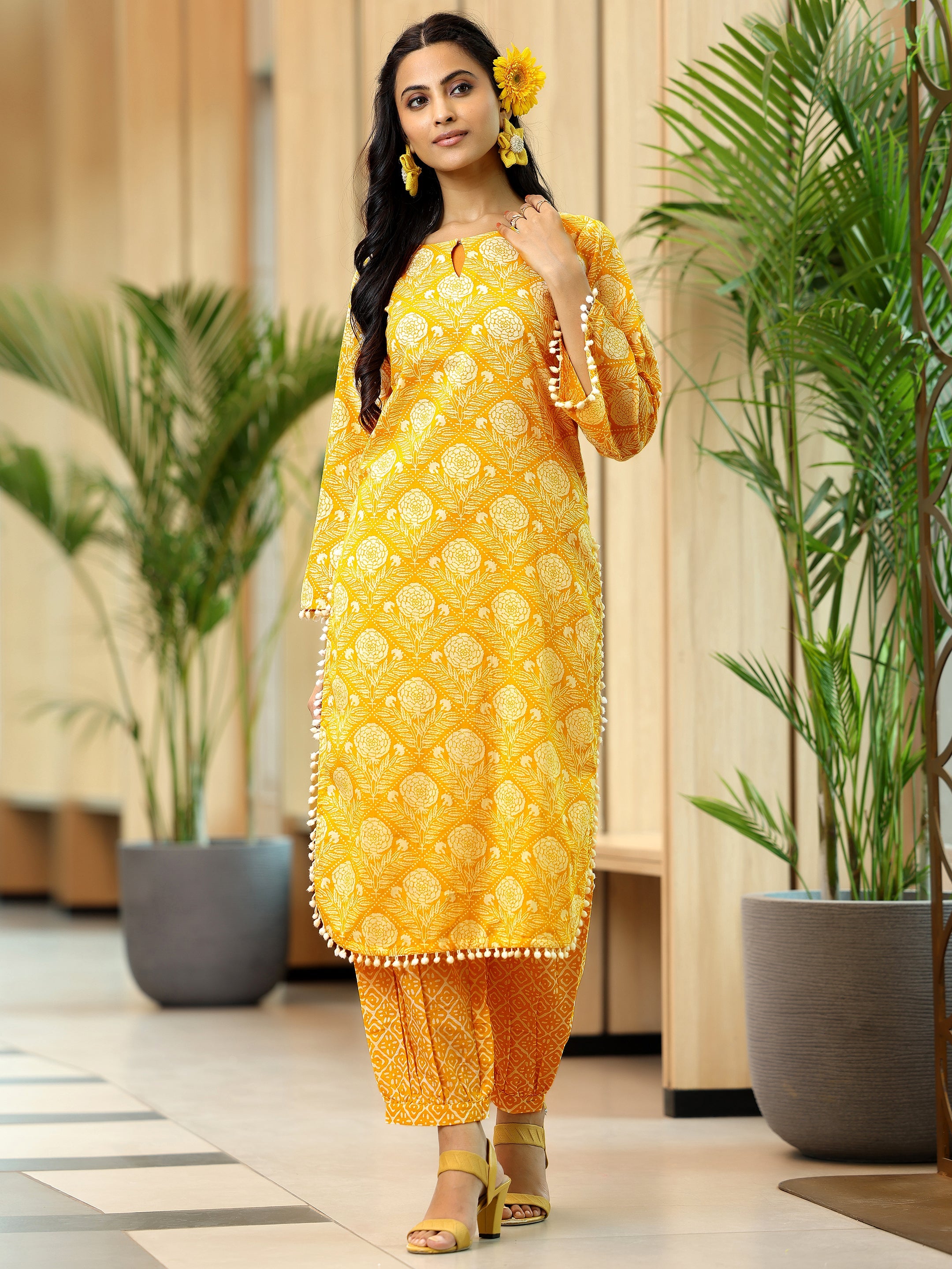 Yellow Printed Cotton Pathani Kurta Set