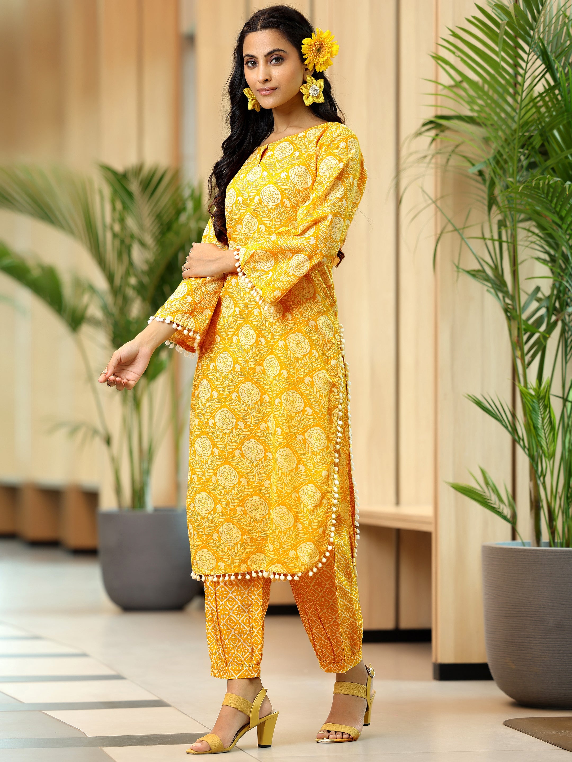 Yellow Printed Cotton Pathani Kurta Set