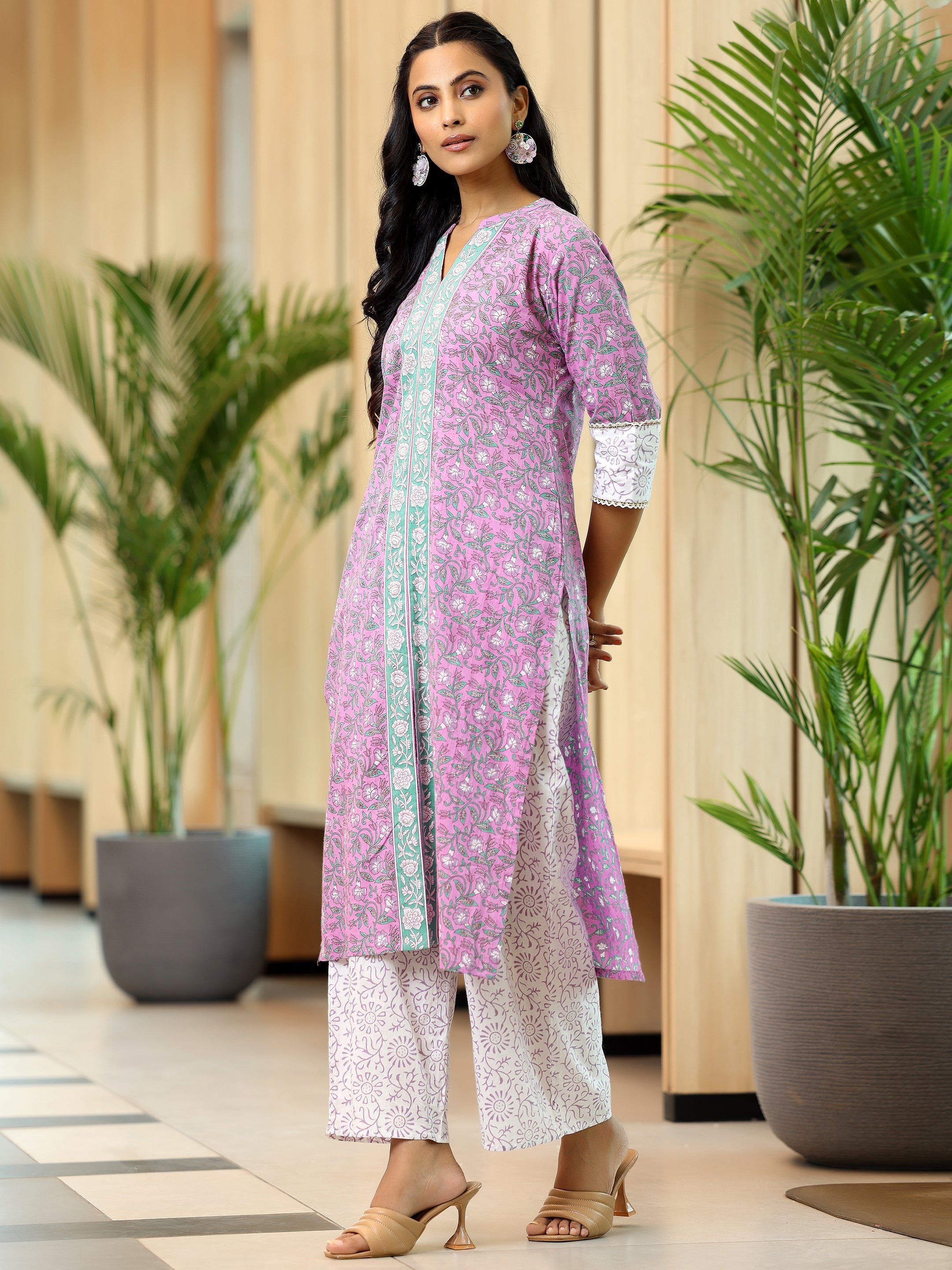 Pink Printed Cotton Straight Suit With Dupatta