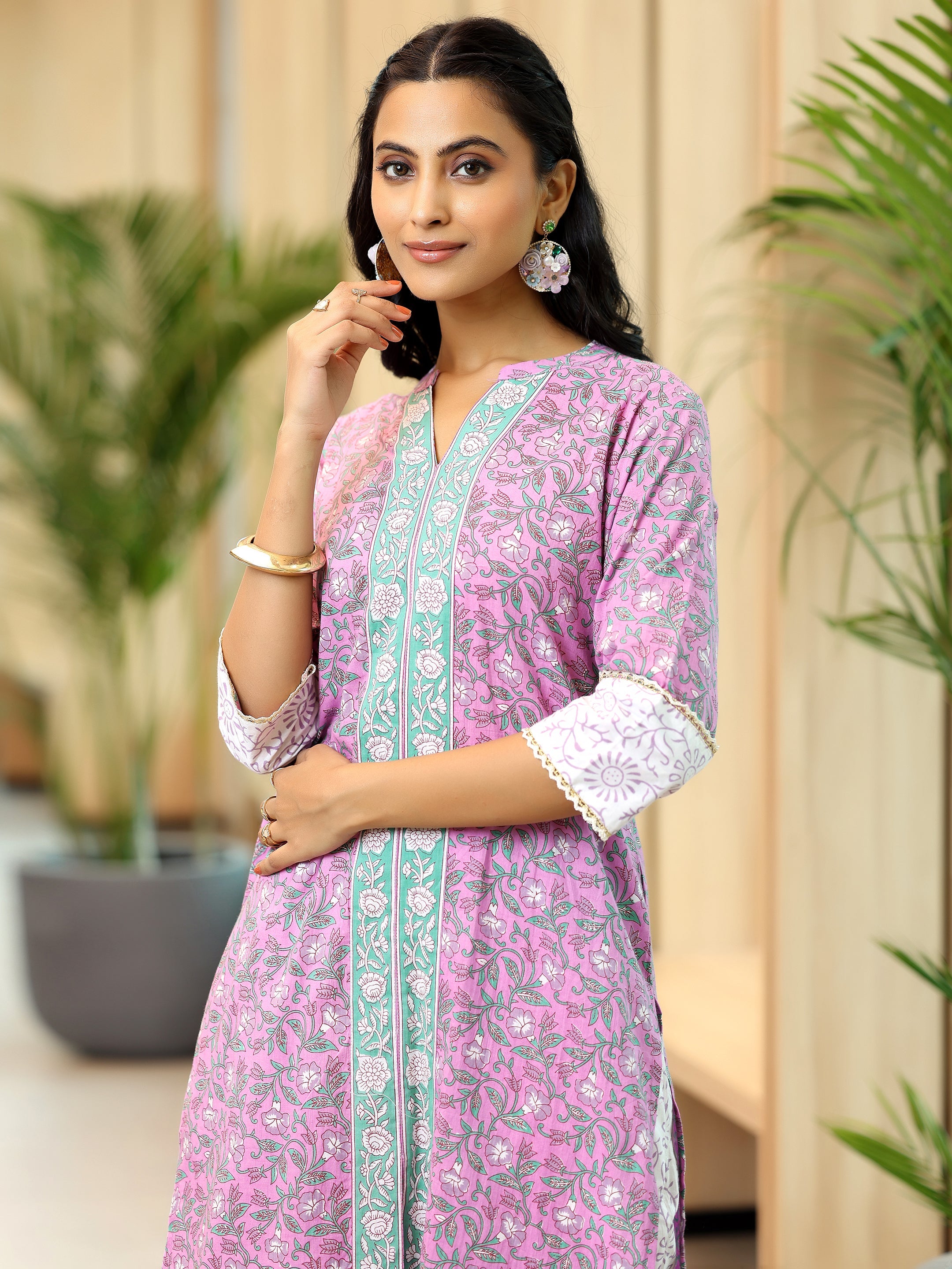 Pink Printed Cotton Straight Suit With Dupatta