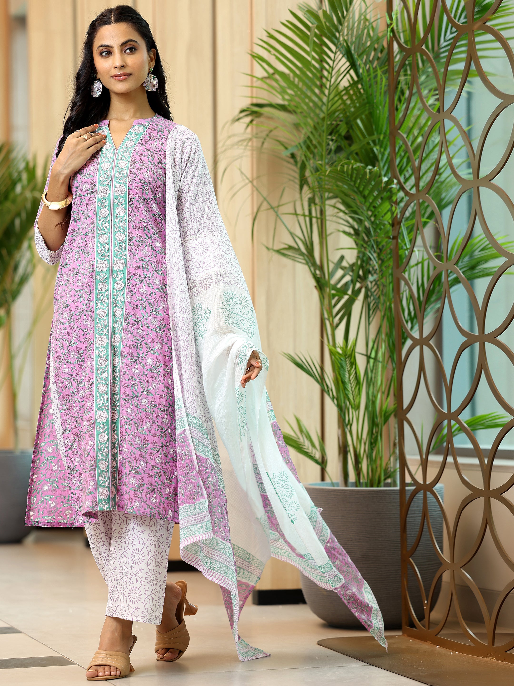 Pink Printed Cotton Straight Suit With Dupatta