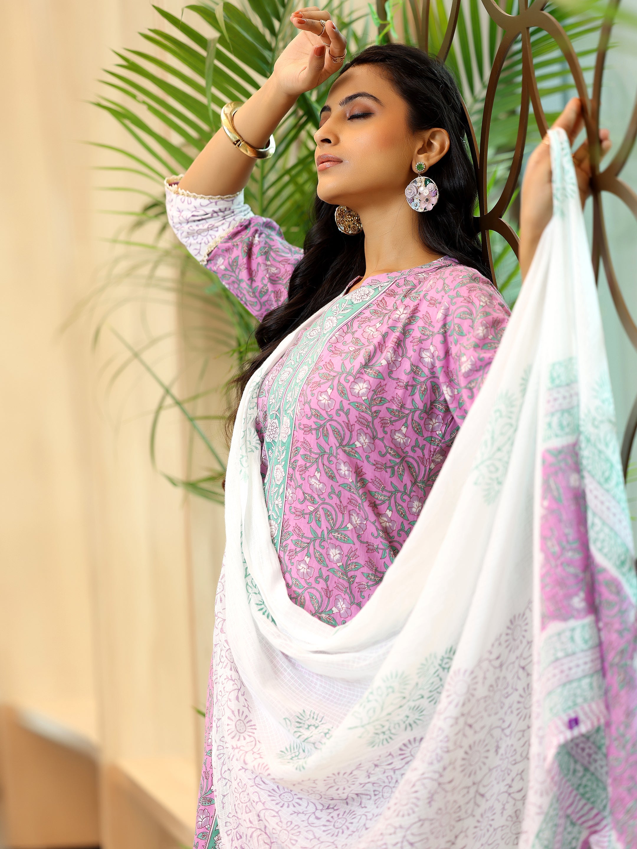 Pink Printed Cotton Straight Suit With Dupatta