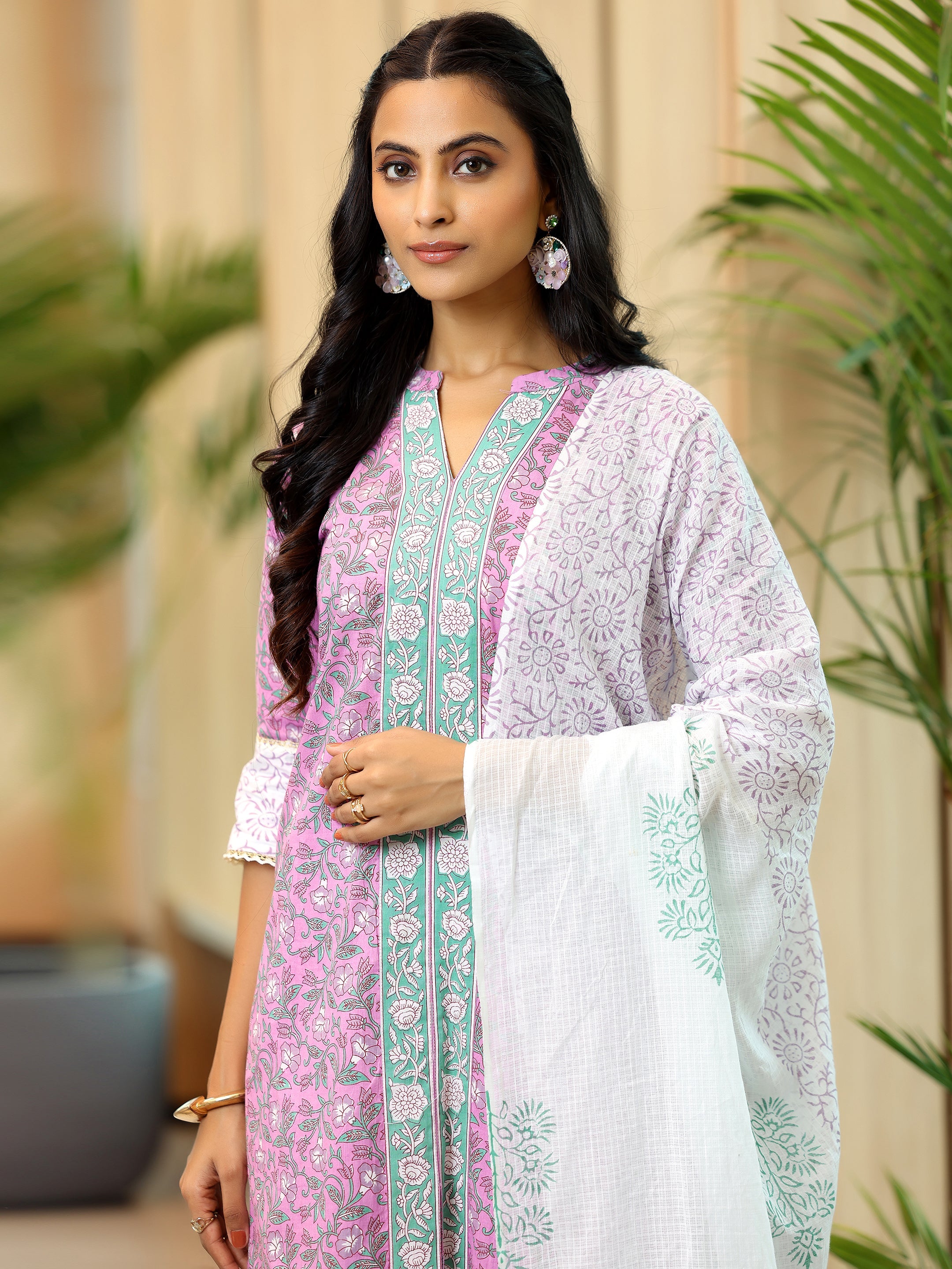 Pink Printed Cotton Straight Suit With Dupatta