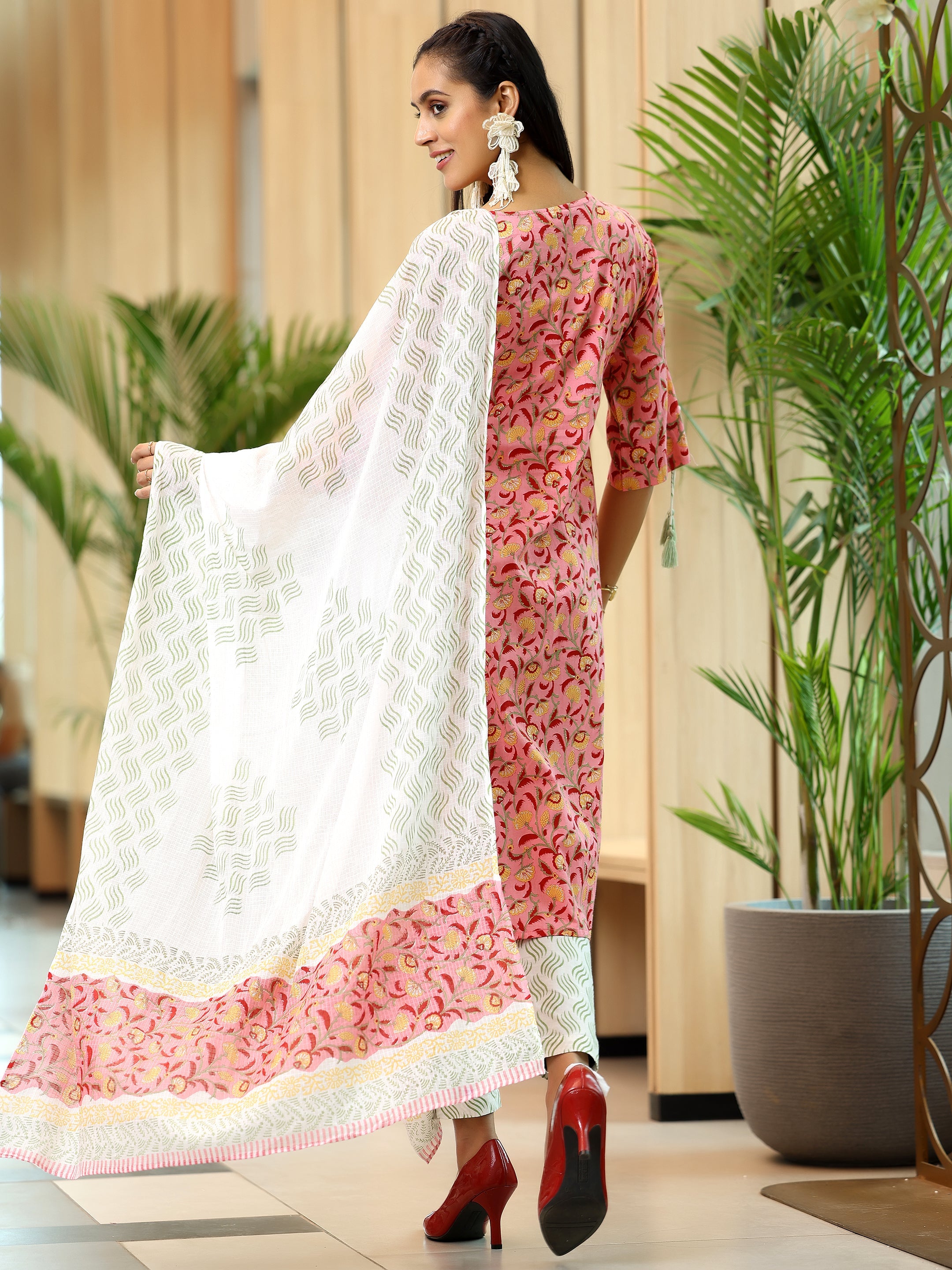 Peach Printed Cotton Straight Suit With Dupatta