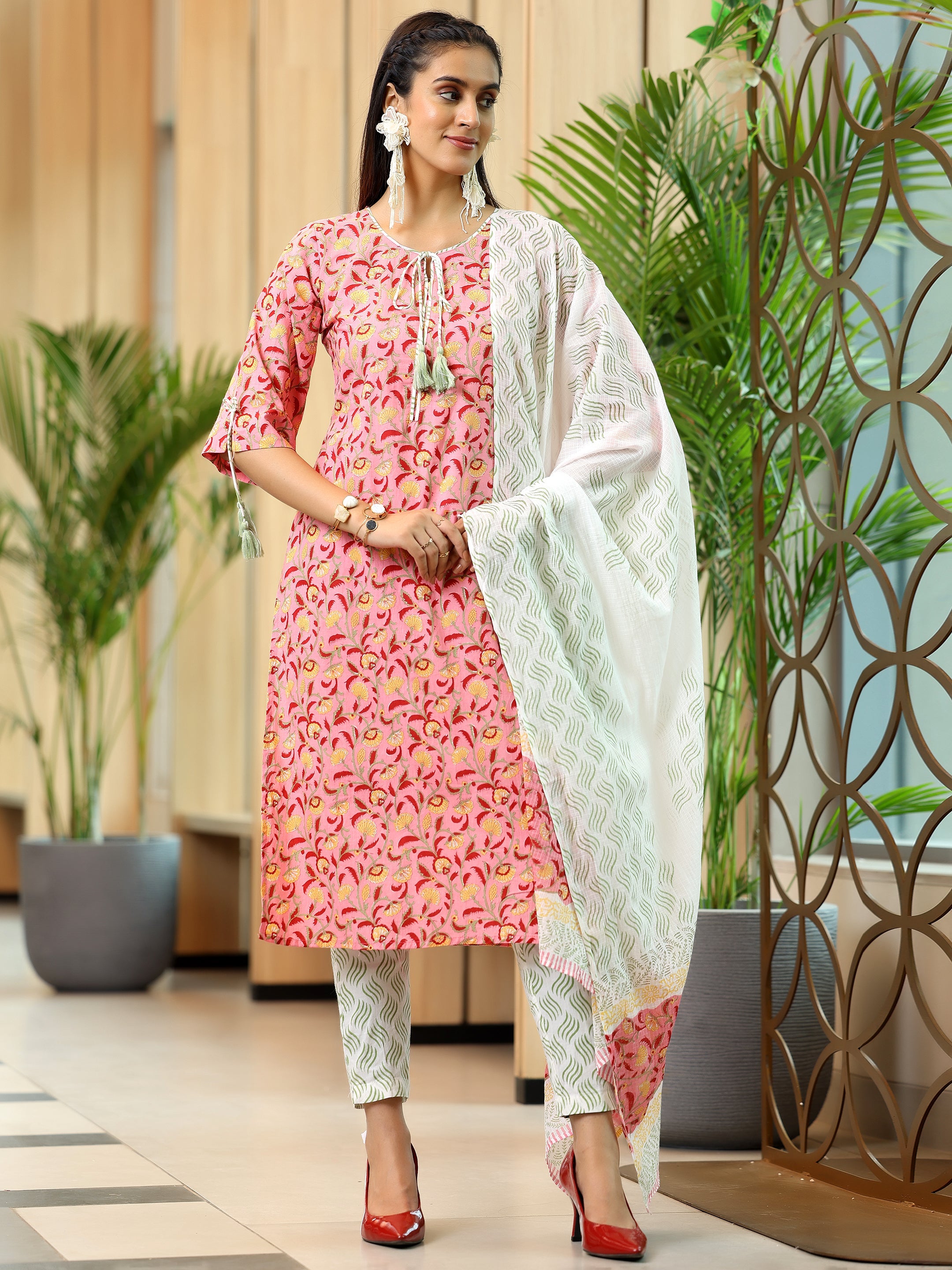 Peach Printed Cotton Straight Suit With Dupatta