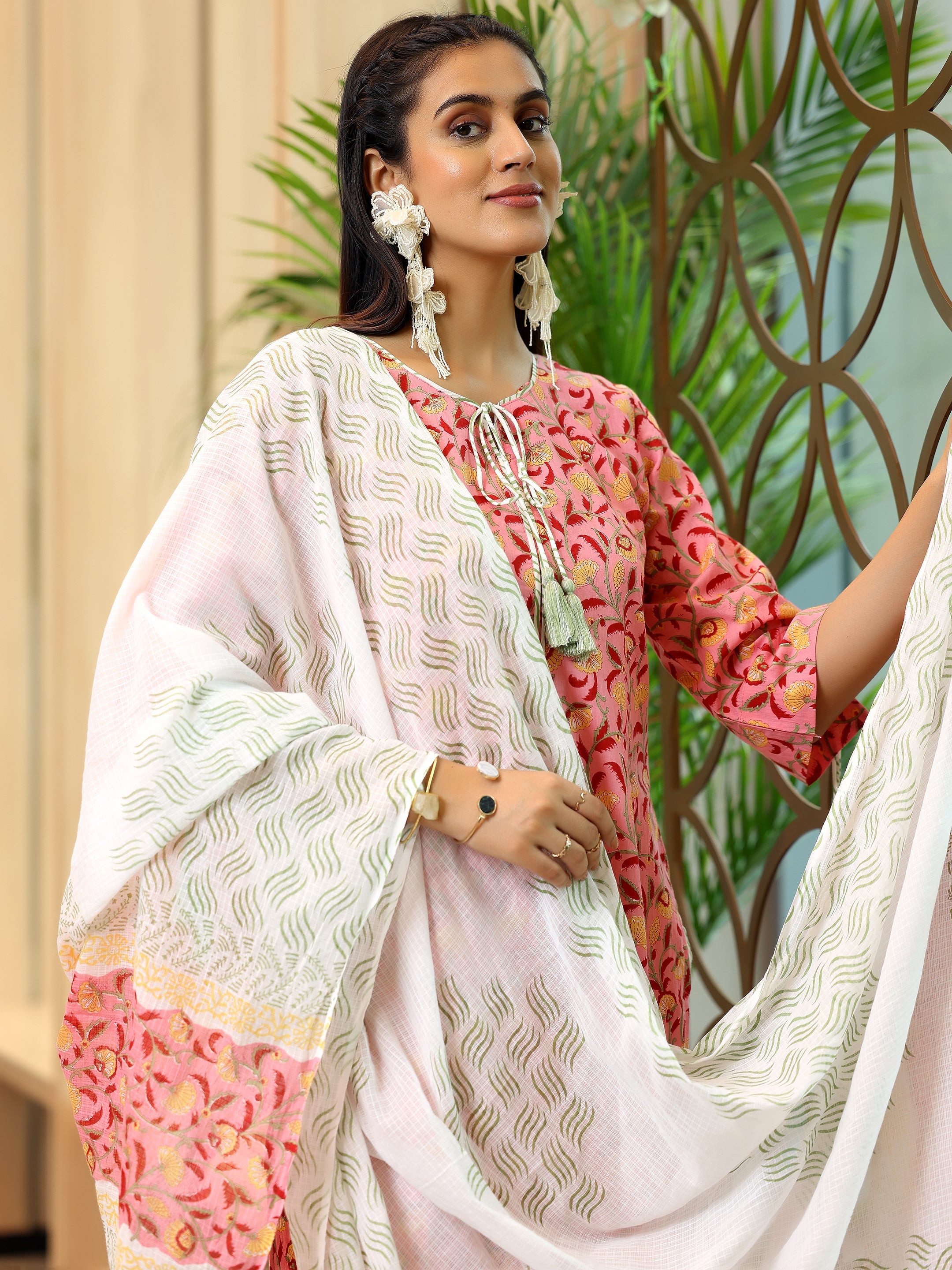 Peach Printed Cotton Straight Suit With Dupatta