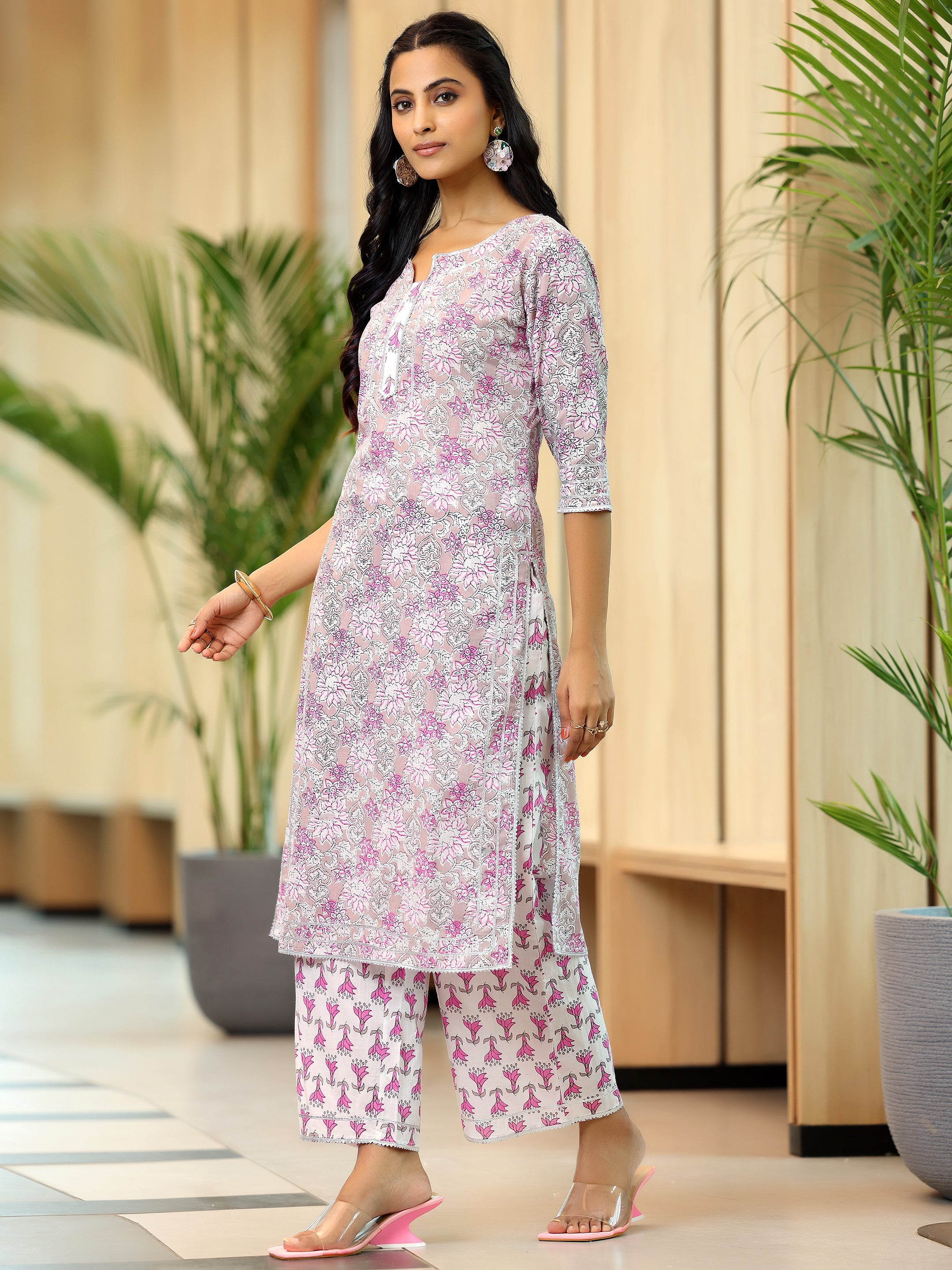 Pink Printed Cotton Straight Suit With Dupatta