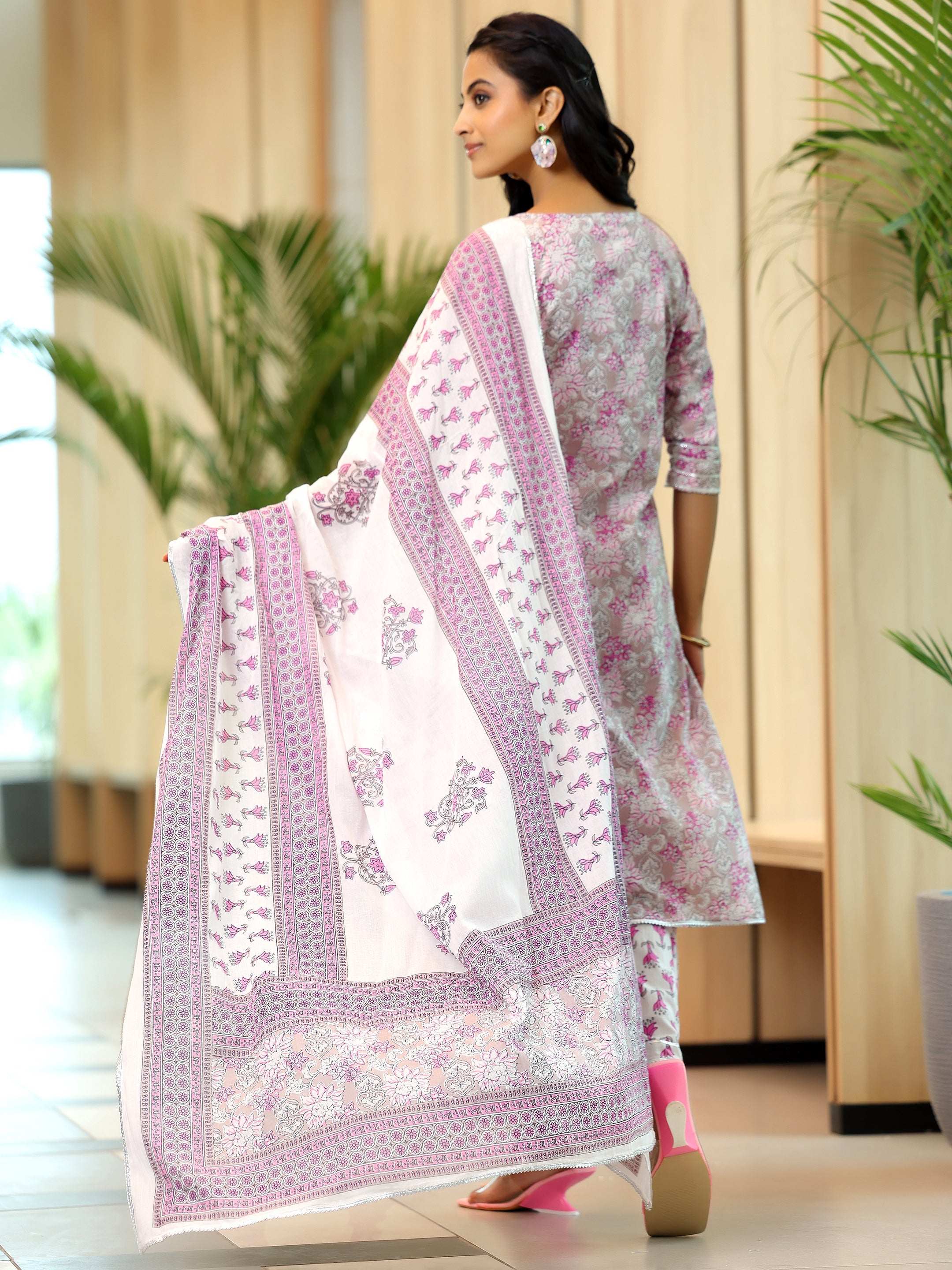 Pink Printed Cotton Straight Suit With Dupatta