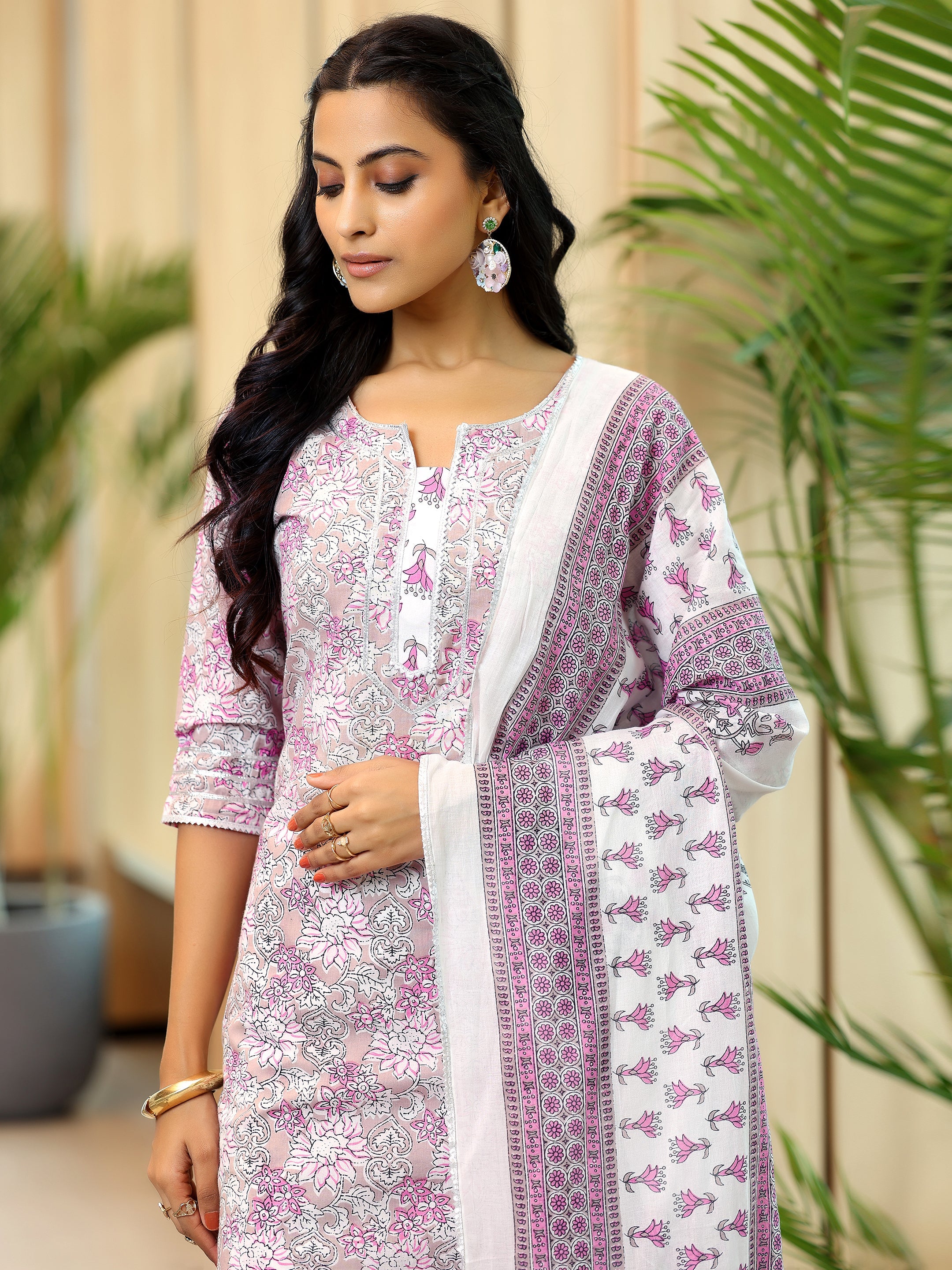 Pink Printed Cotton Straight Suit With Dupatta