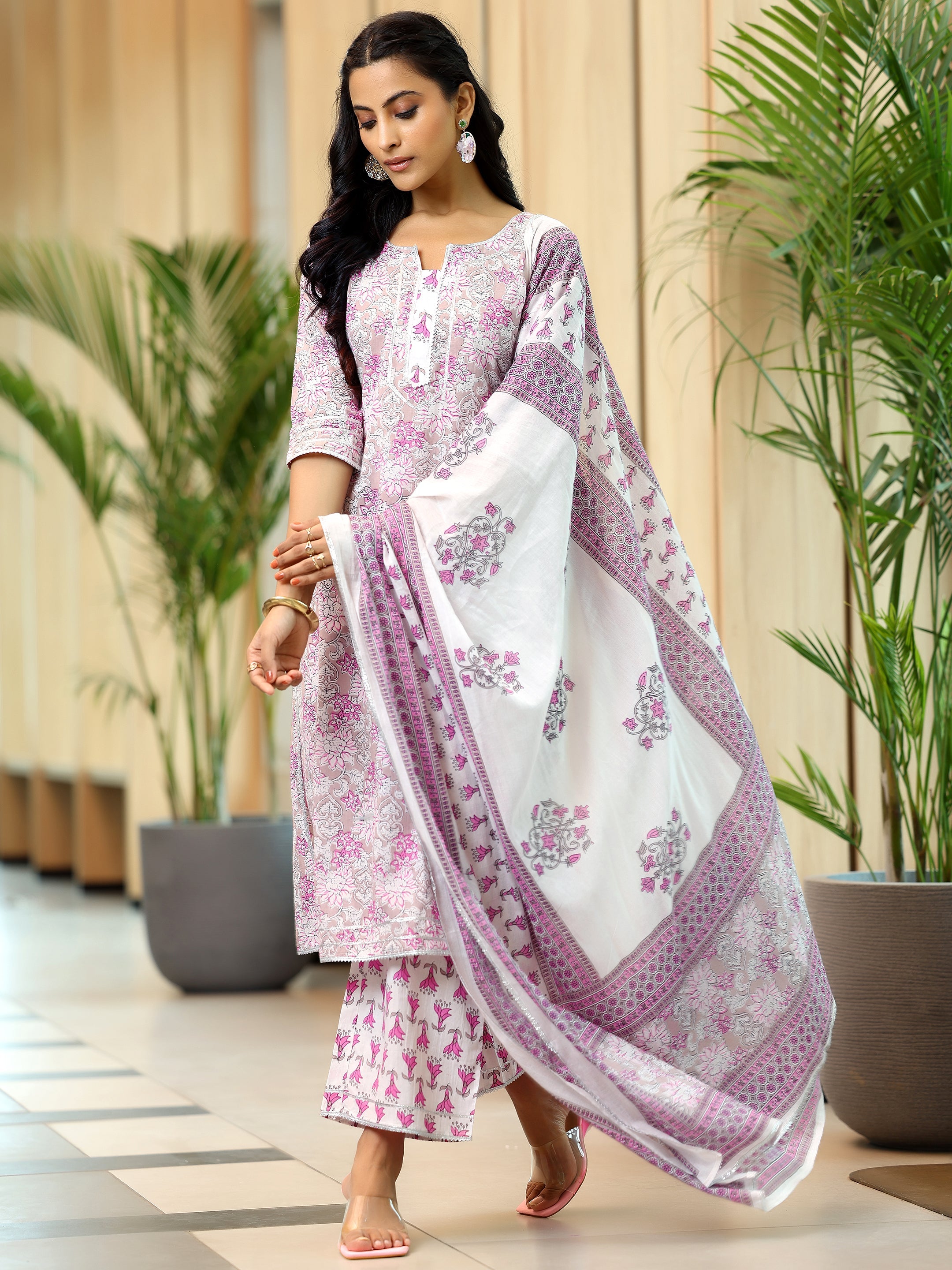 Pink Printed Cotton Straight Suit With Dupatta