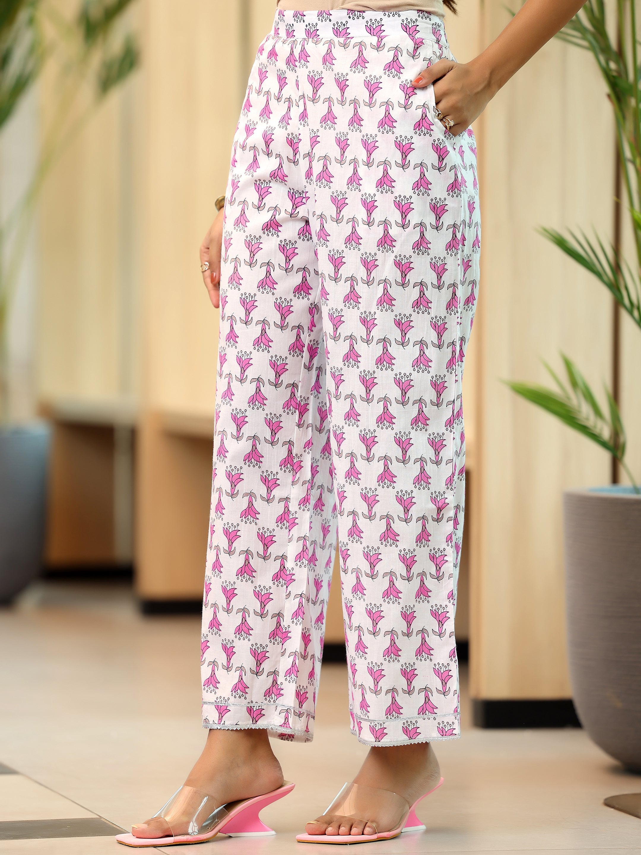 Pink Printed Cotton Straight Suit With Dupatta