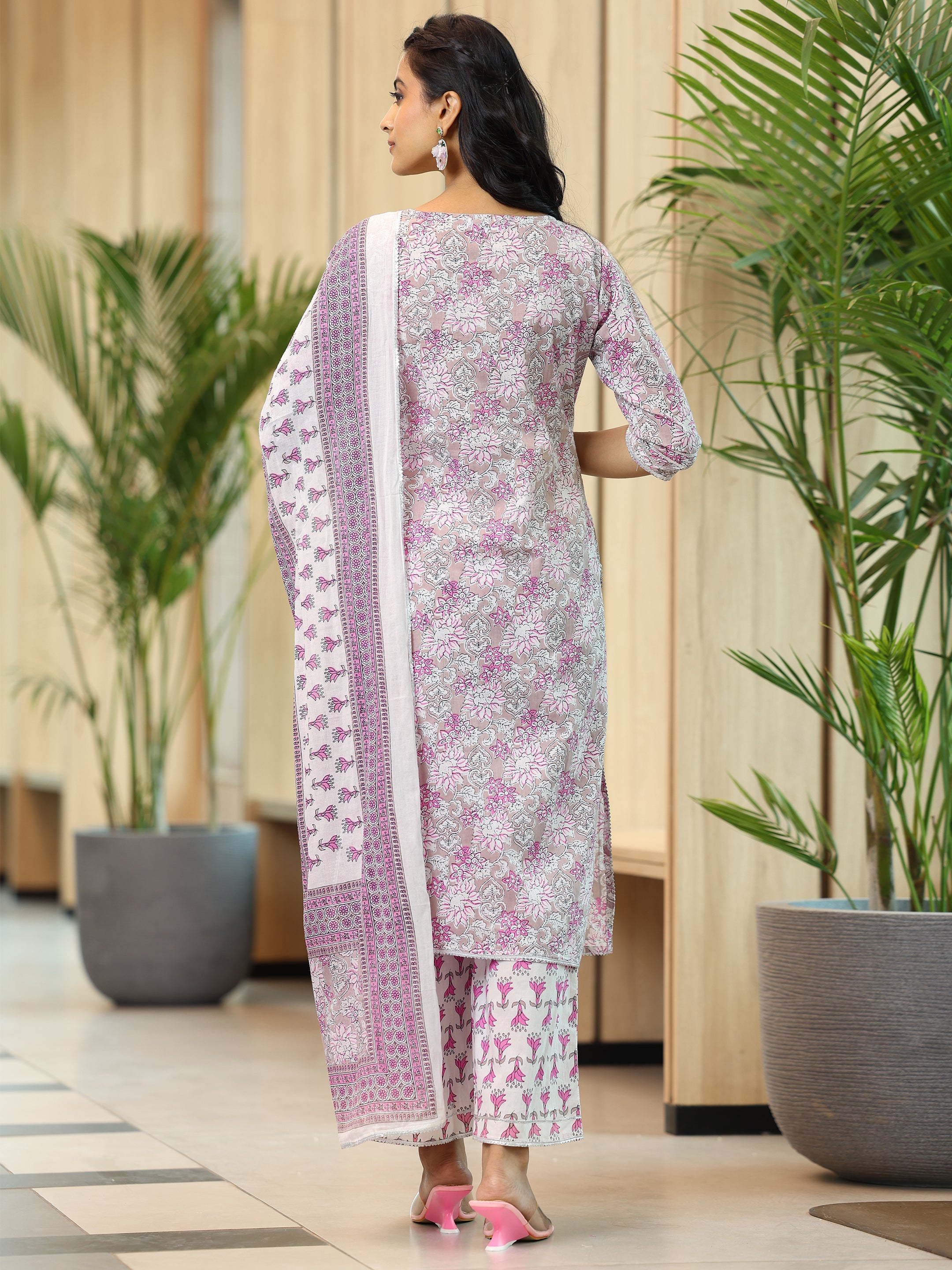 Pink Printed Cotton Straight Suit With Dupatta