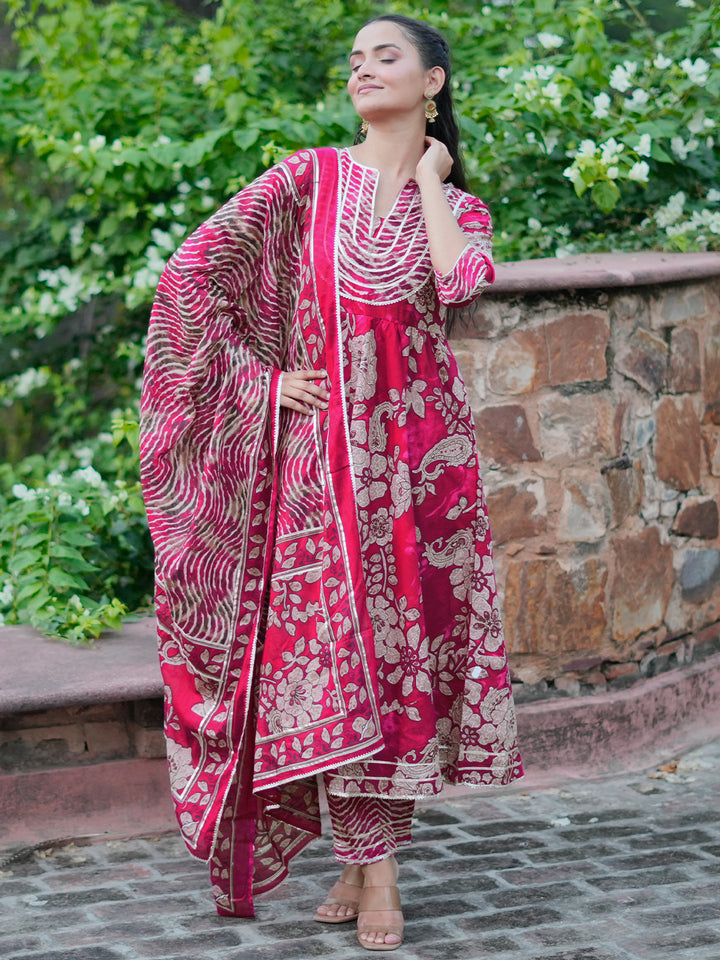 Magenta Printed Cotton Anarkali Suit With Dupatta