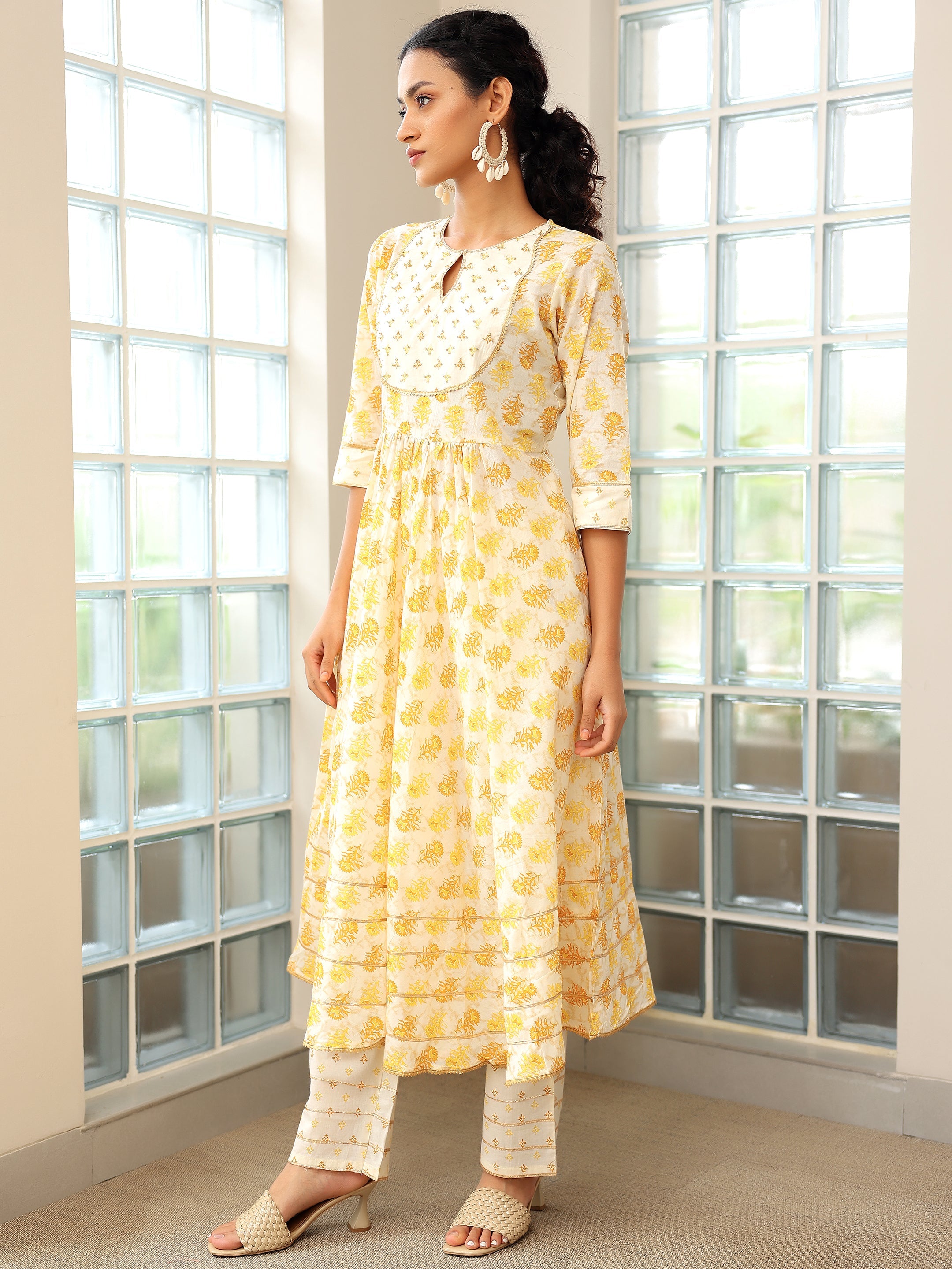 Mustard Printed Cotton Anarkali Suit With Dupatta