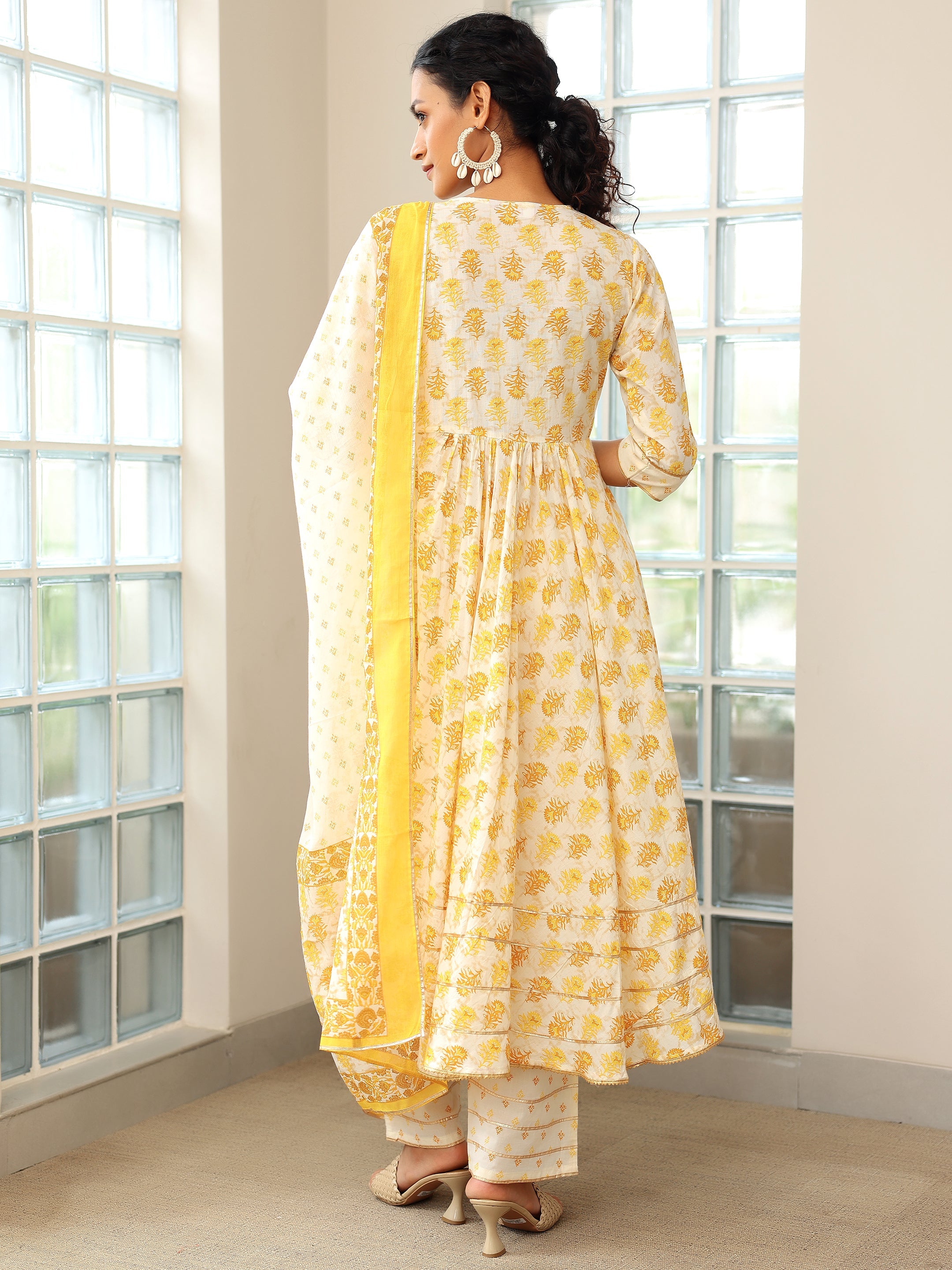 Mustard Printed Cotton Anarkali Suit With Dupatta