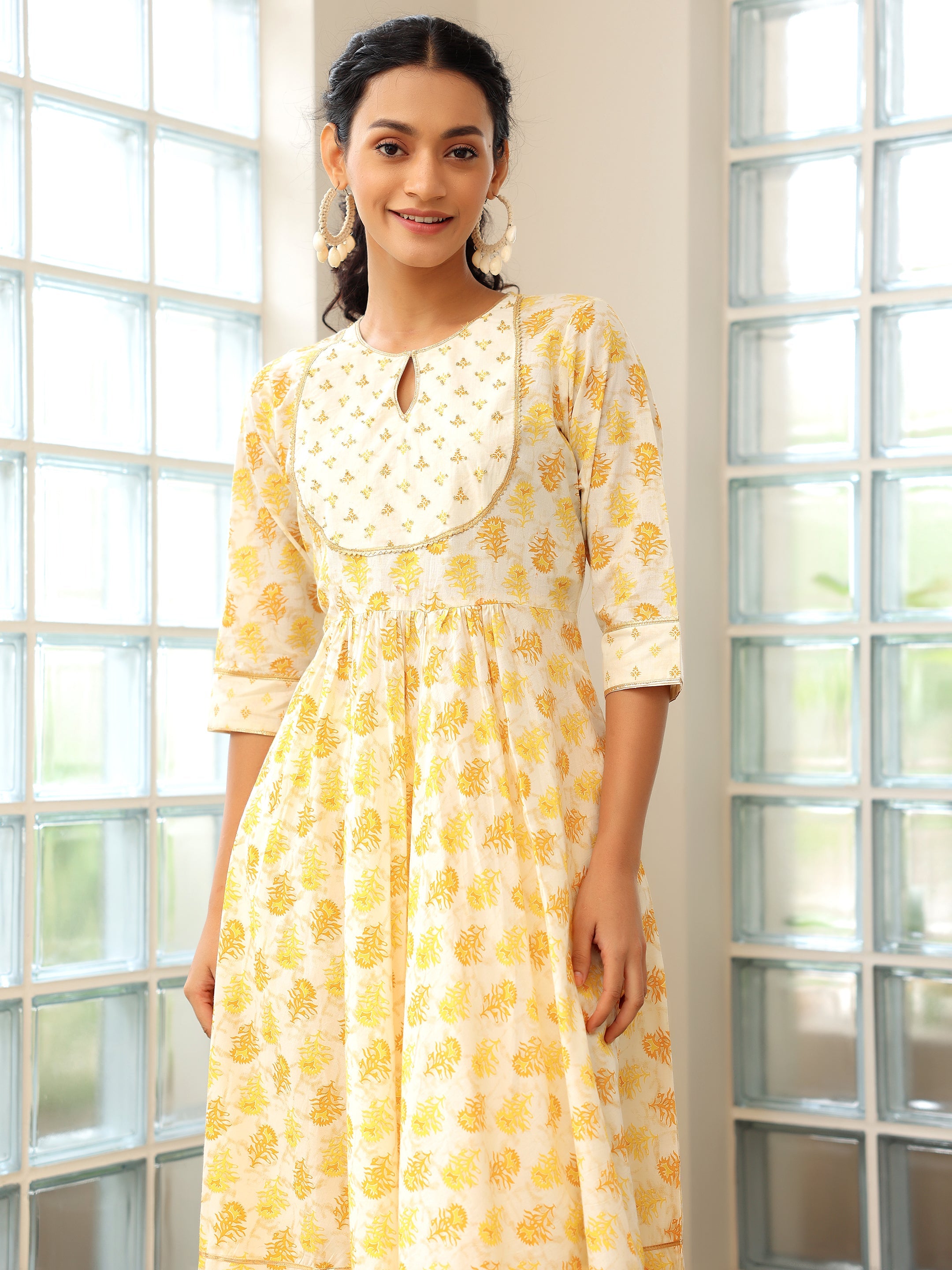 Mustard Printed Cotton Anarkali Suit With Dupatta