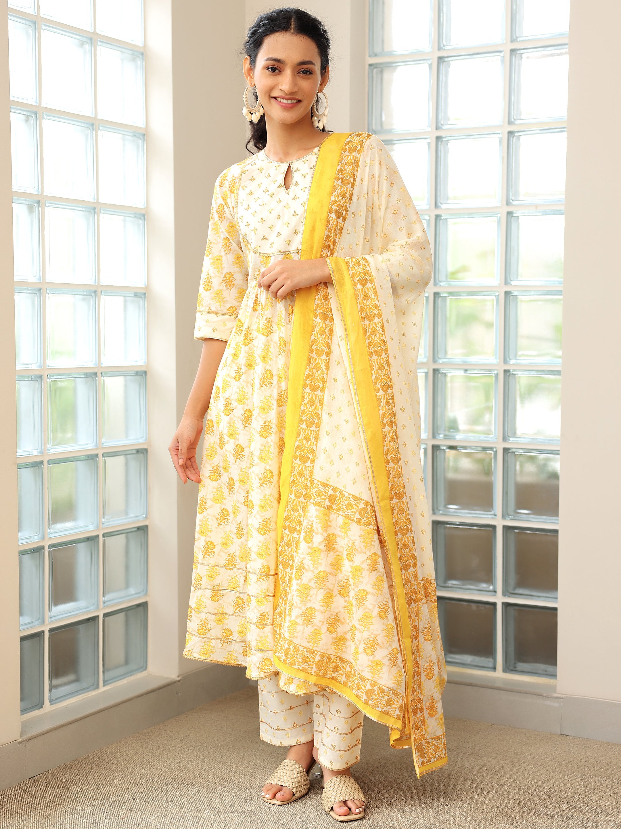 Mustard Printed Cotton Anarkali Suit With Dupatta