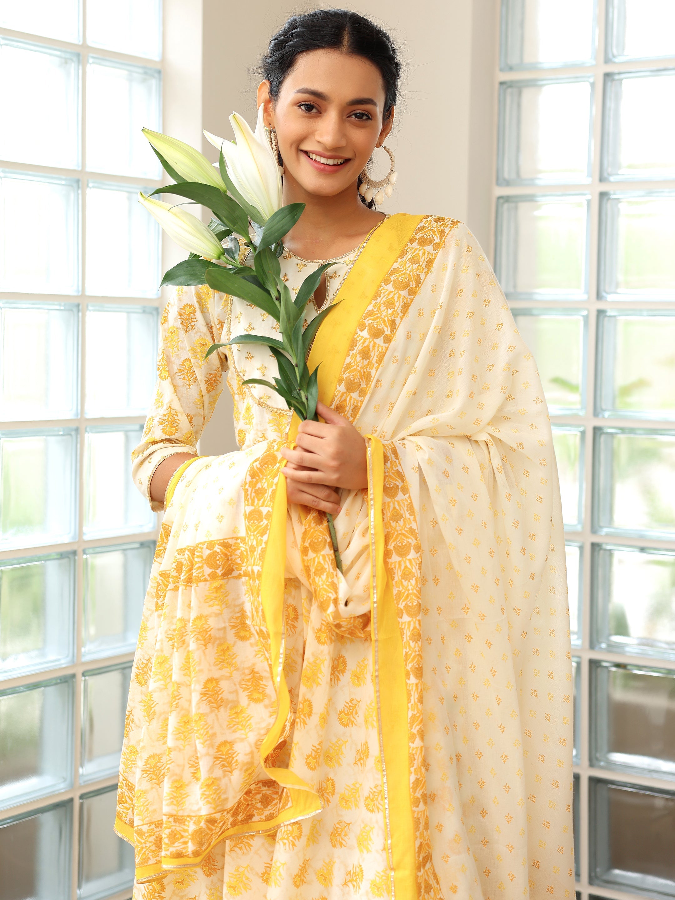 Mustard Printed Cotton Anarkali Suit With Dupatta