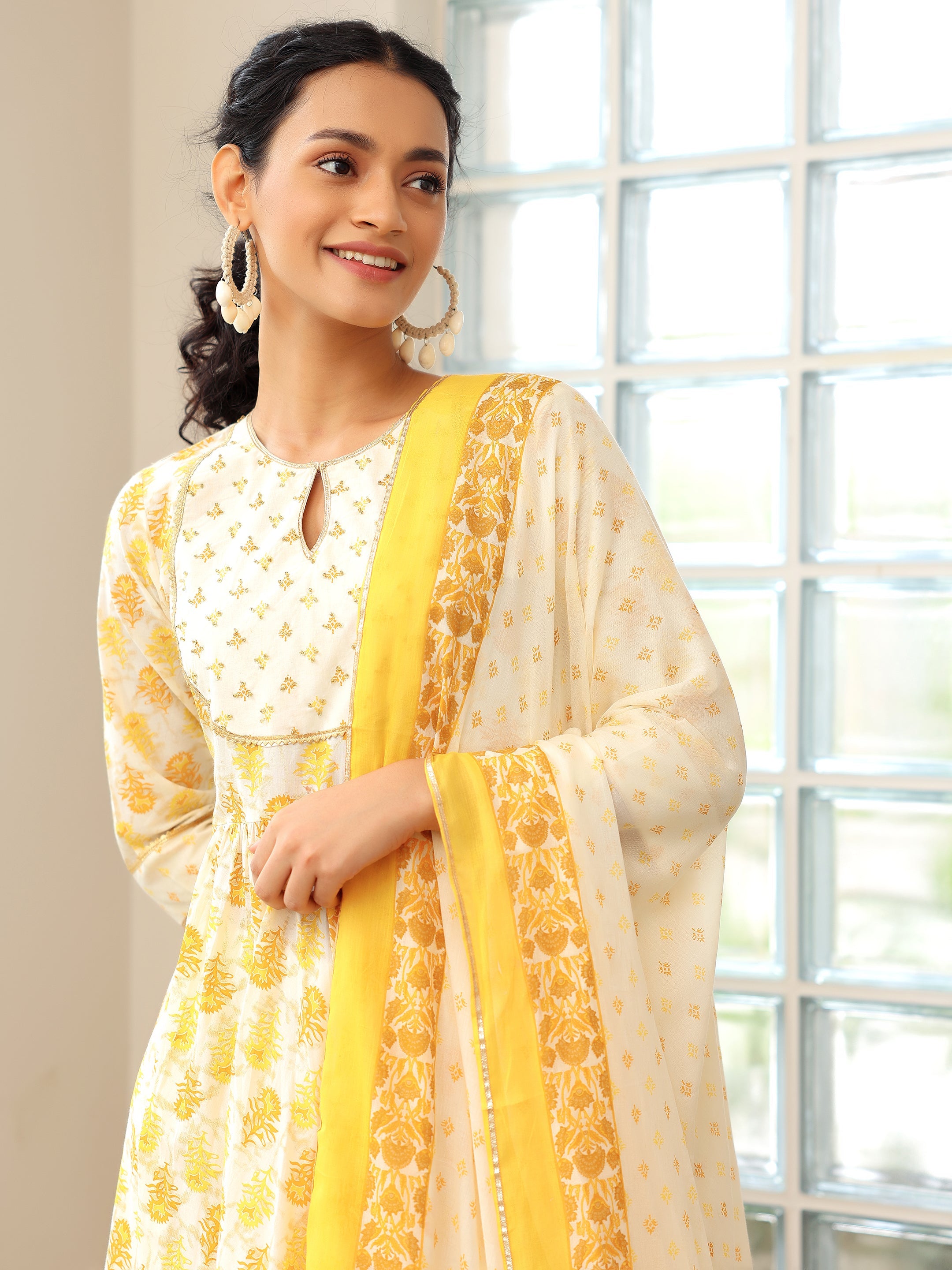 Mustard Printed Cotton Anarkali Suit With Dupatta