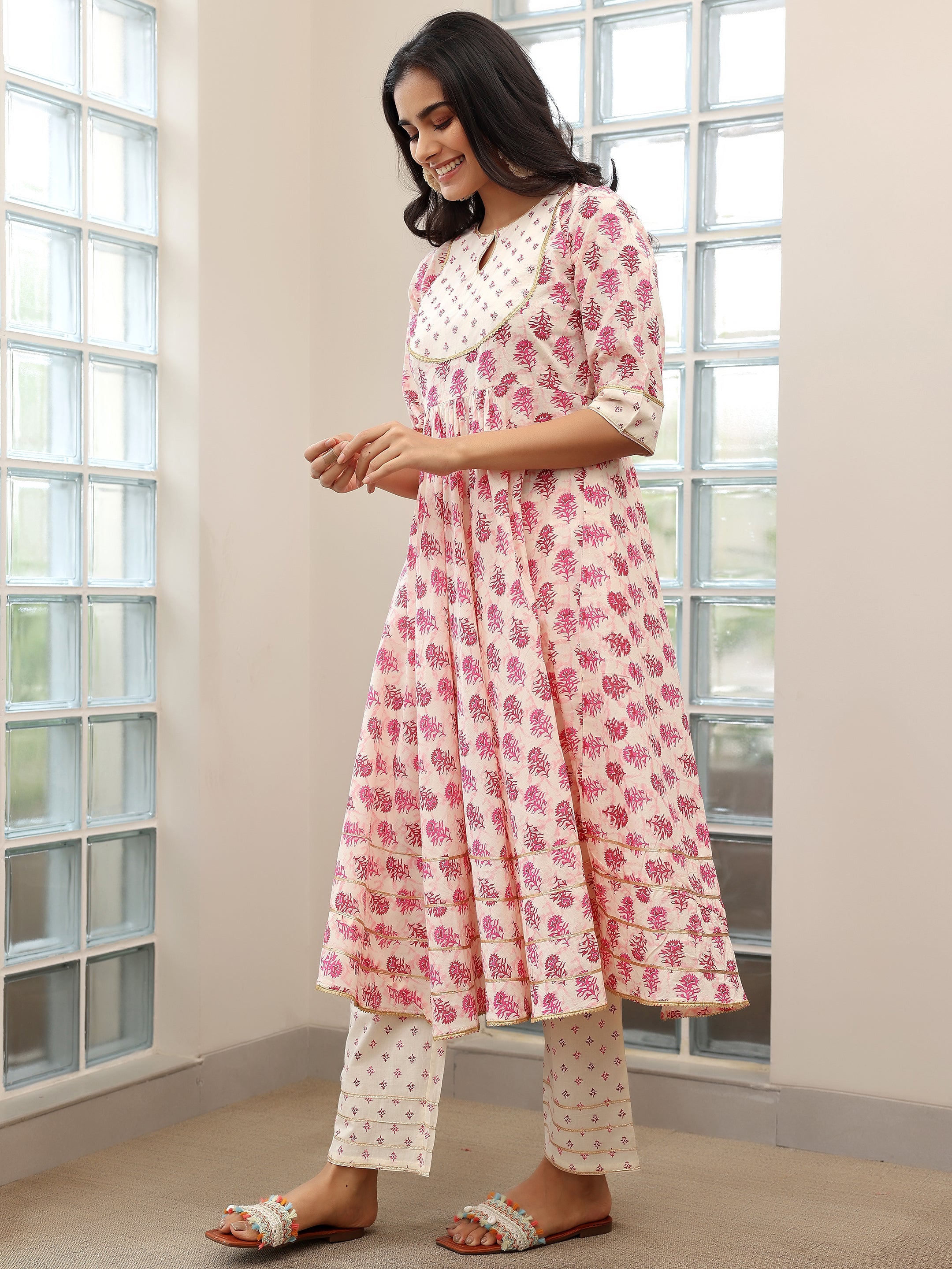 Pink Printed Cotton Anarkali Suit With Dupatta