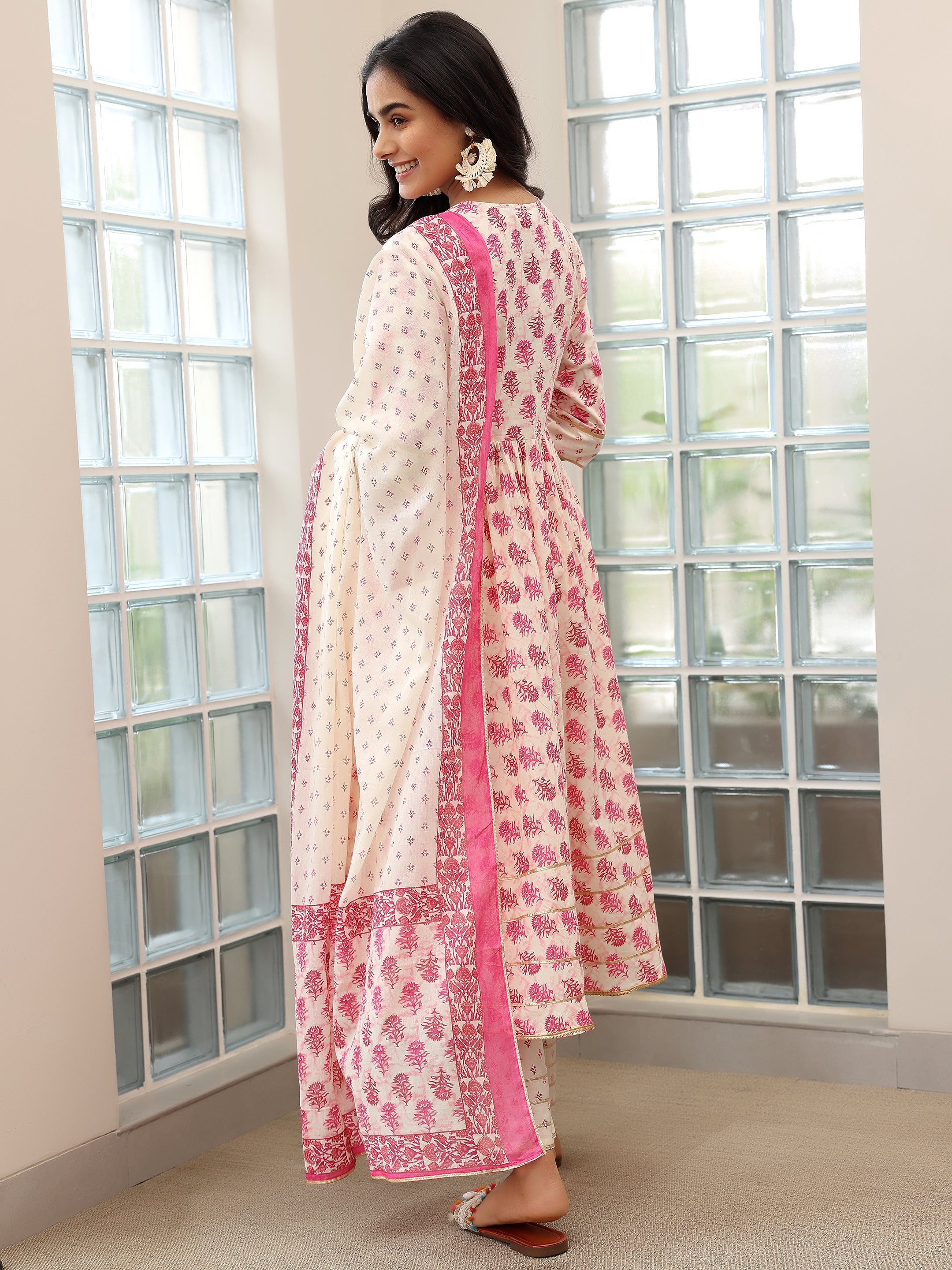 Pink Printed Cotton Anarkali Suit With Dupatta