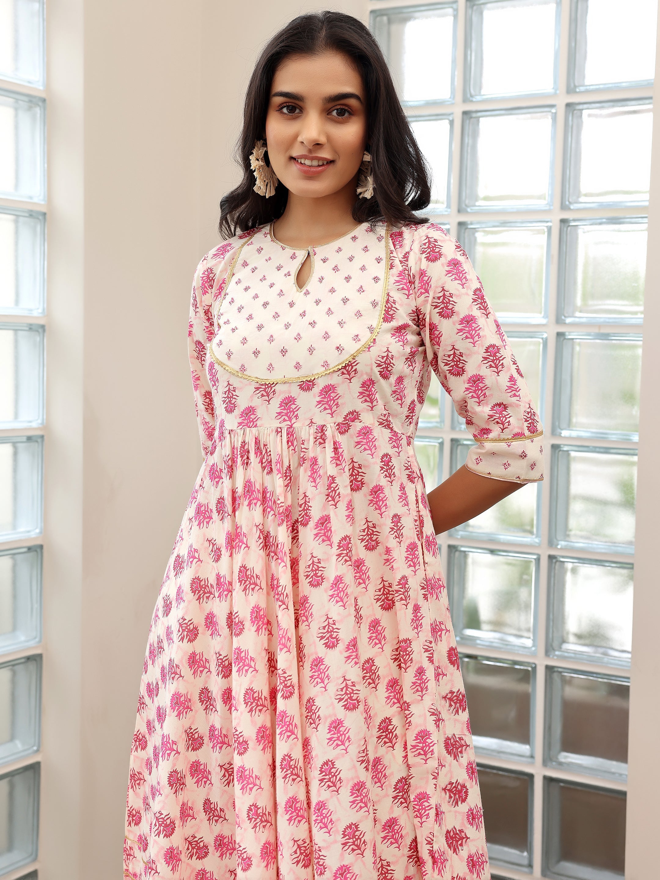 Pink Printed Cotton Anarkali Suit With Dupatta