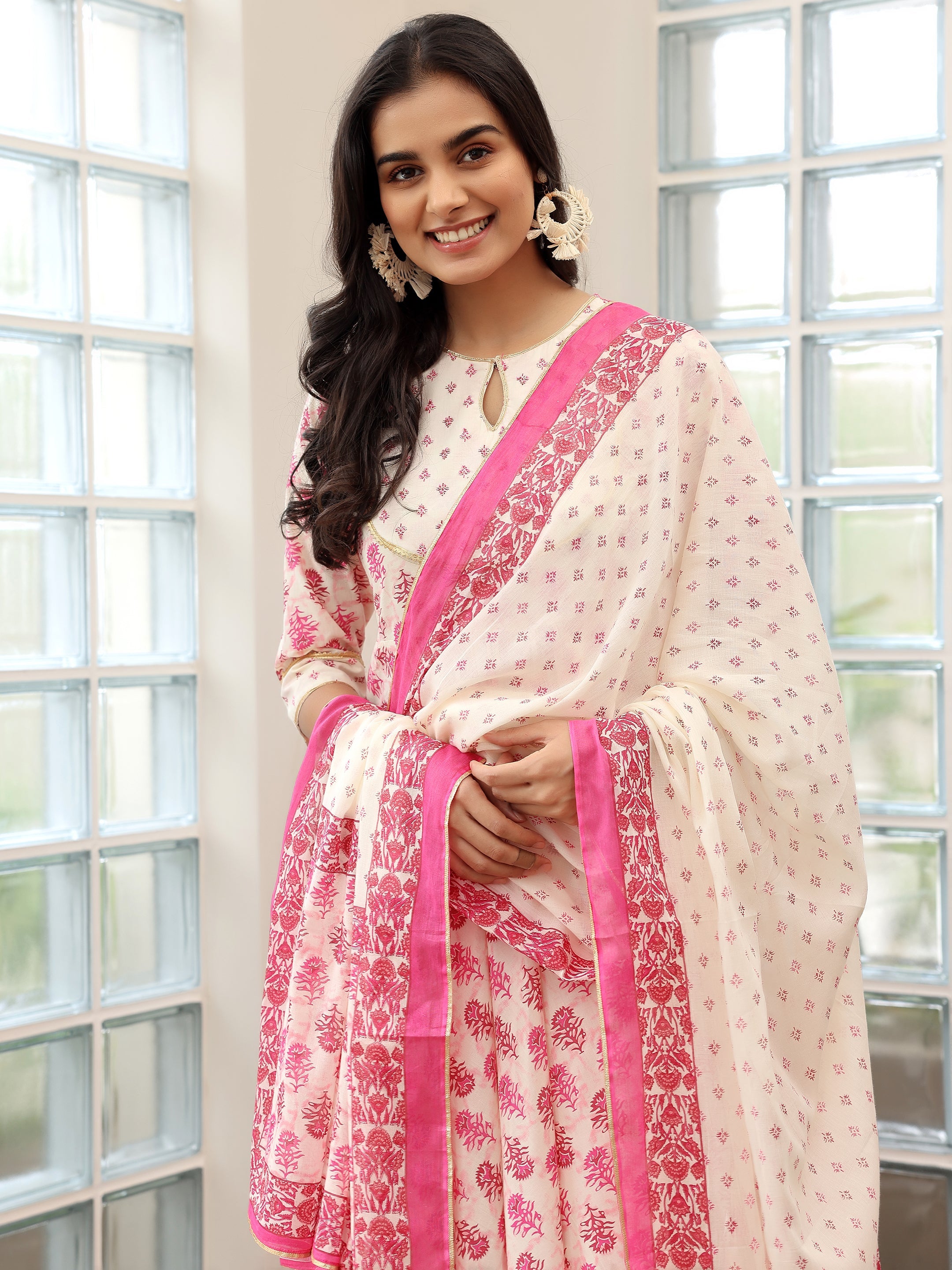 Pink Printed Cotton Anarkali Suit With Dupatta