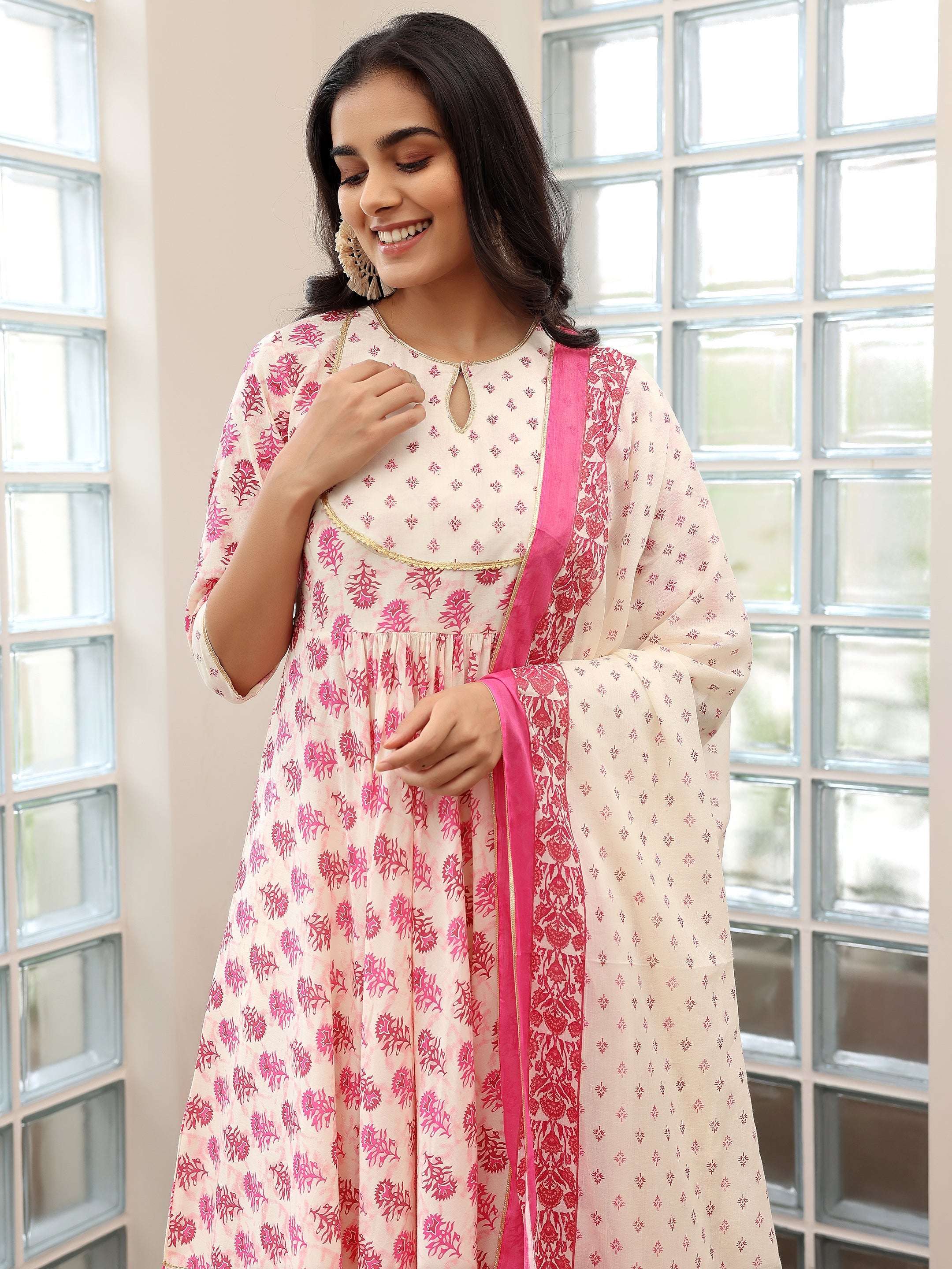 Pink Printed Cotton Anarkali Suit With Dupatta