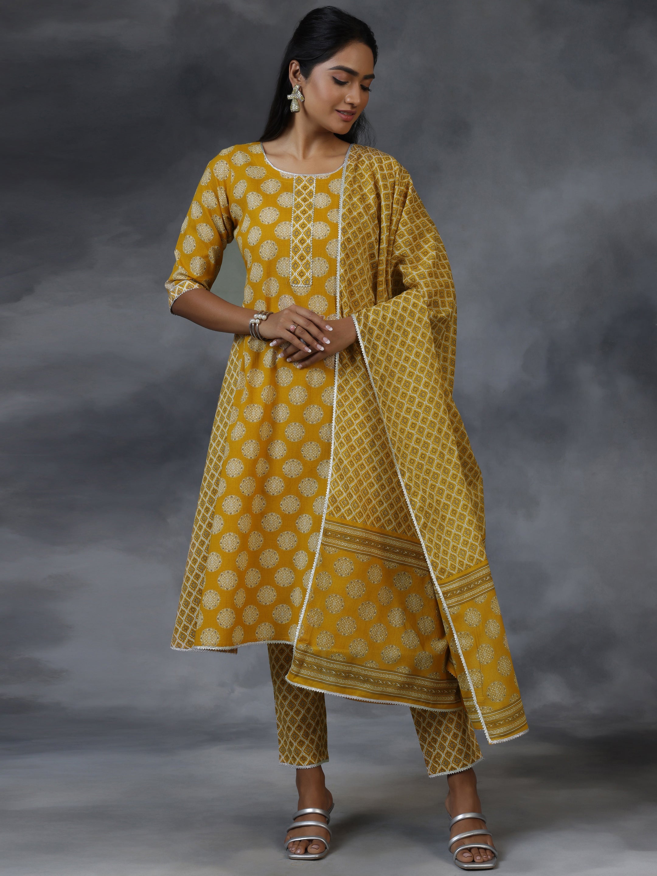 Mustard Printed Cotton A-Line Kurta With Trousers & Dupatta