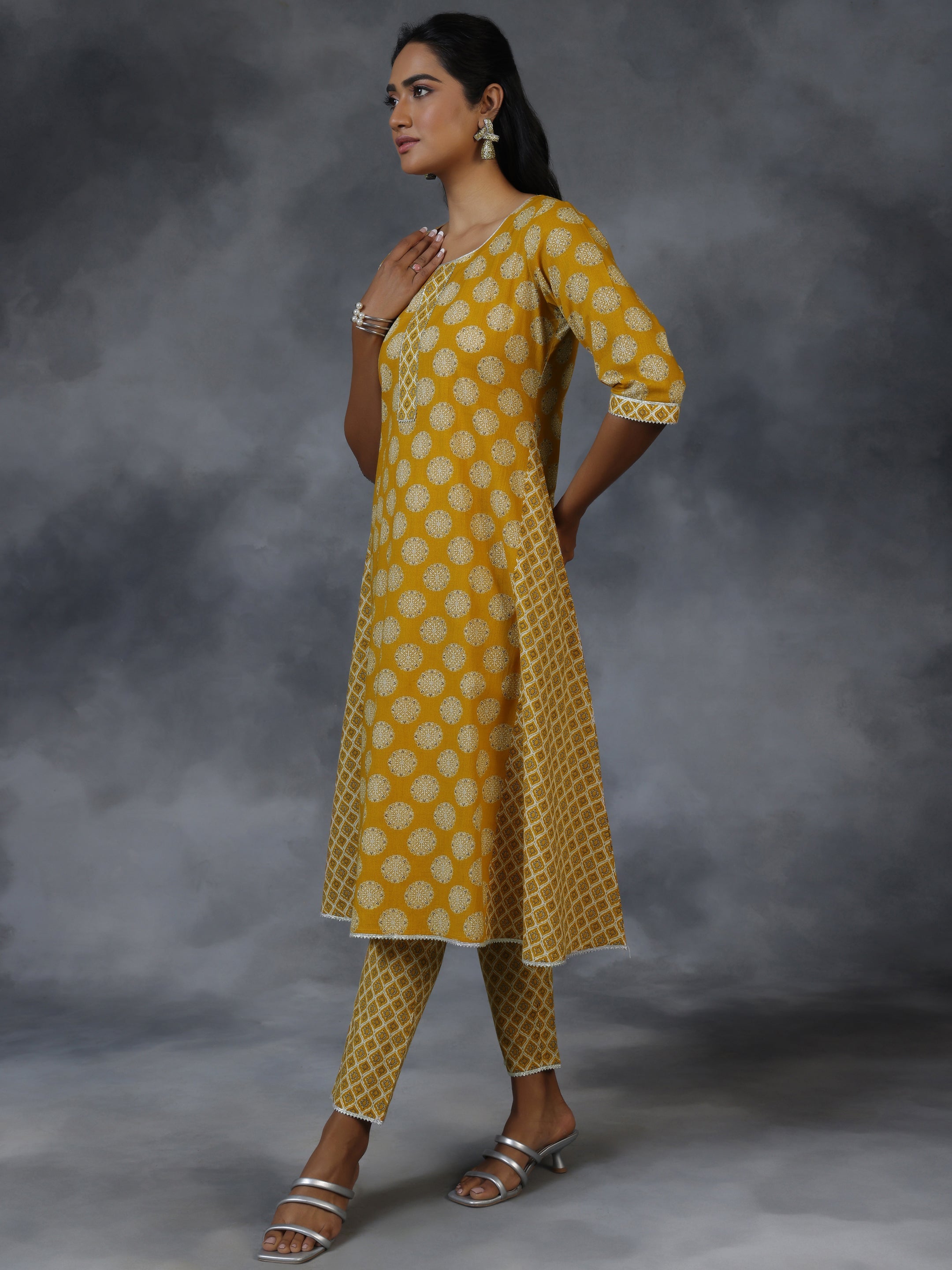 Mustard Printed Cotton A-Line Kurta With Trousers & Dupatta