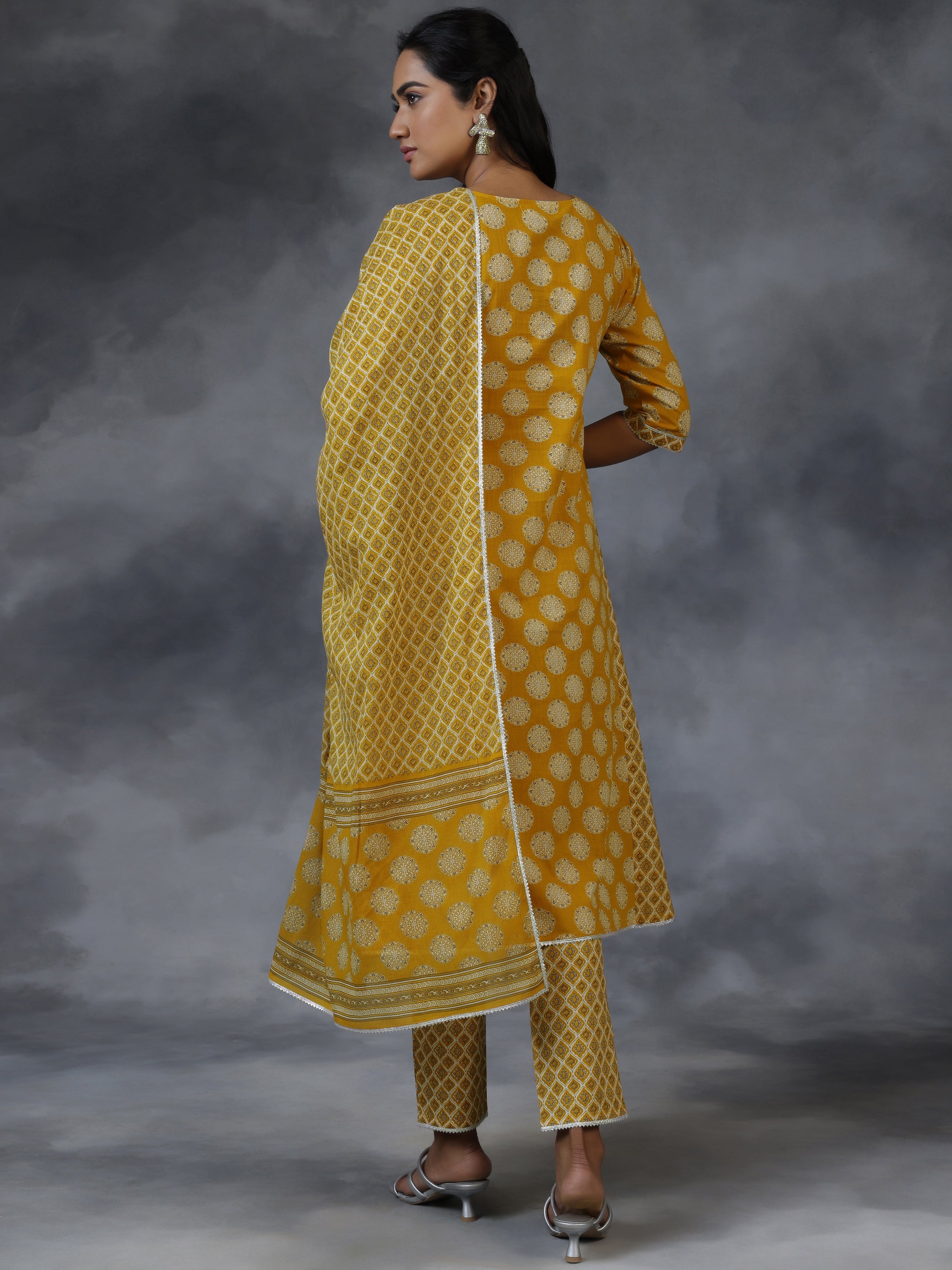 Mustard Printed Cotton A-Line Kurta With Trousers & Dupatta