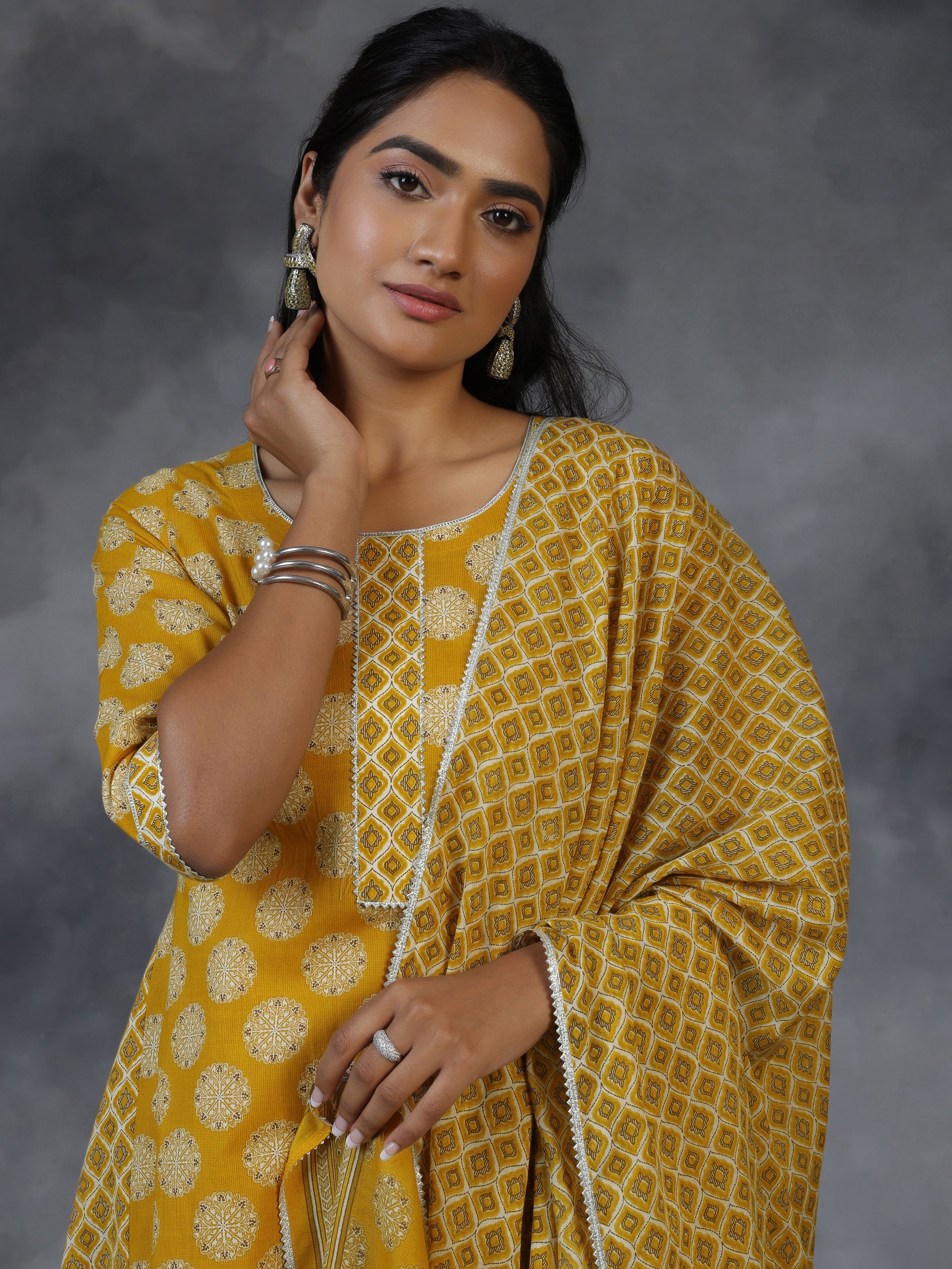 Mustard Printed Cotton A-Line Kurta With Trousers & Dupatta