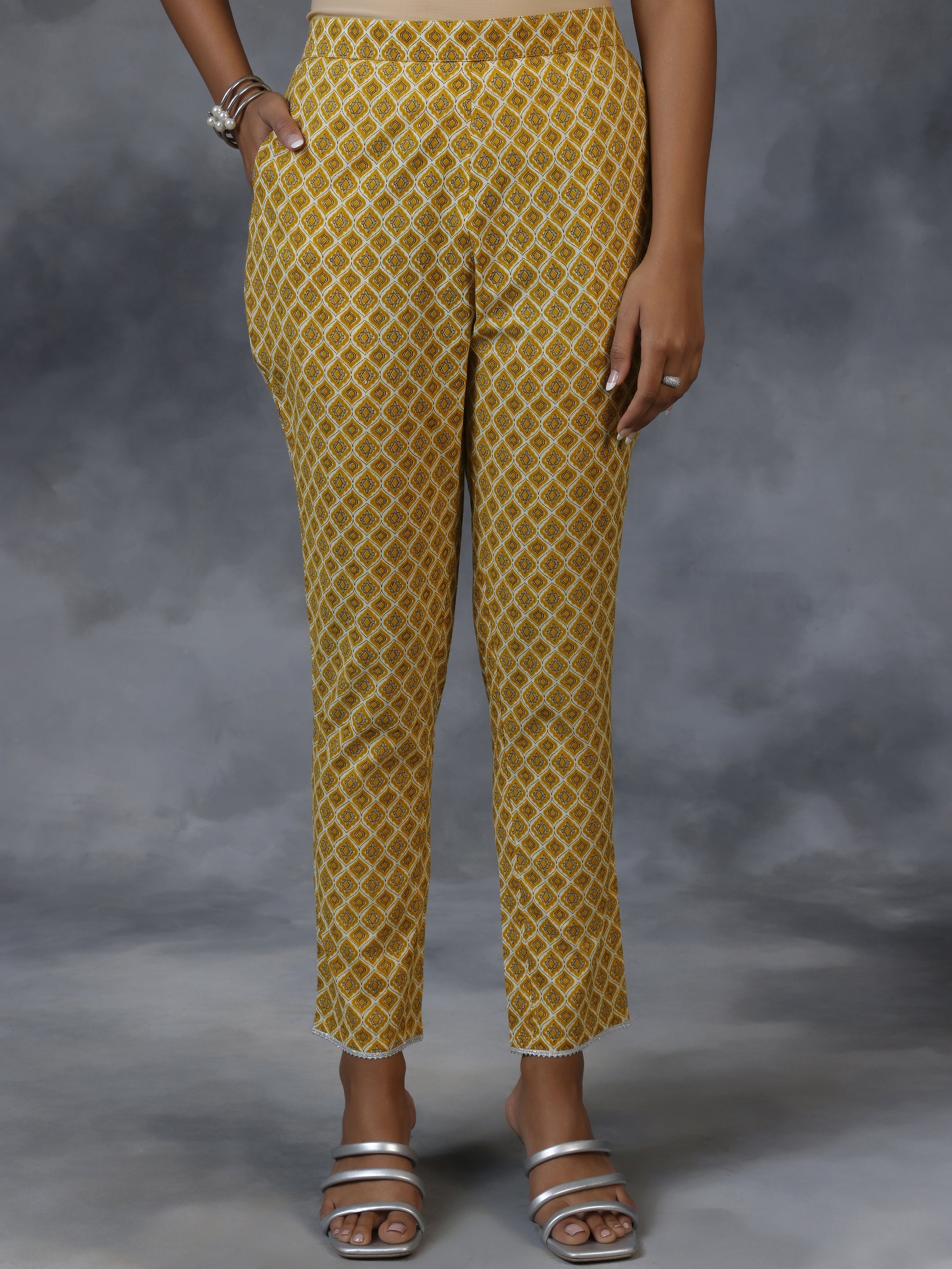 Mustard Printed Cotton A-Line Kurta With Trousers & Dupatta