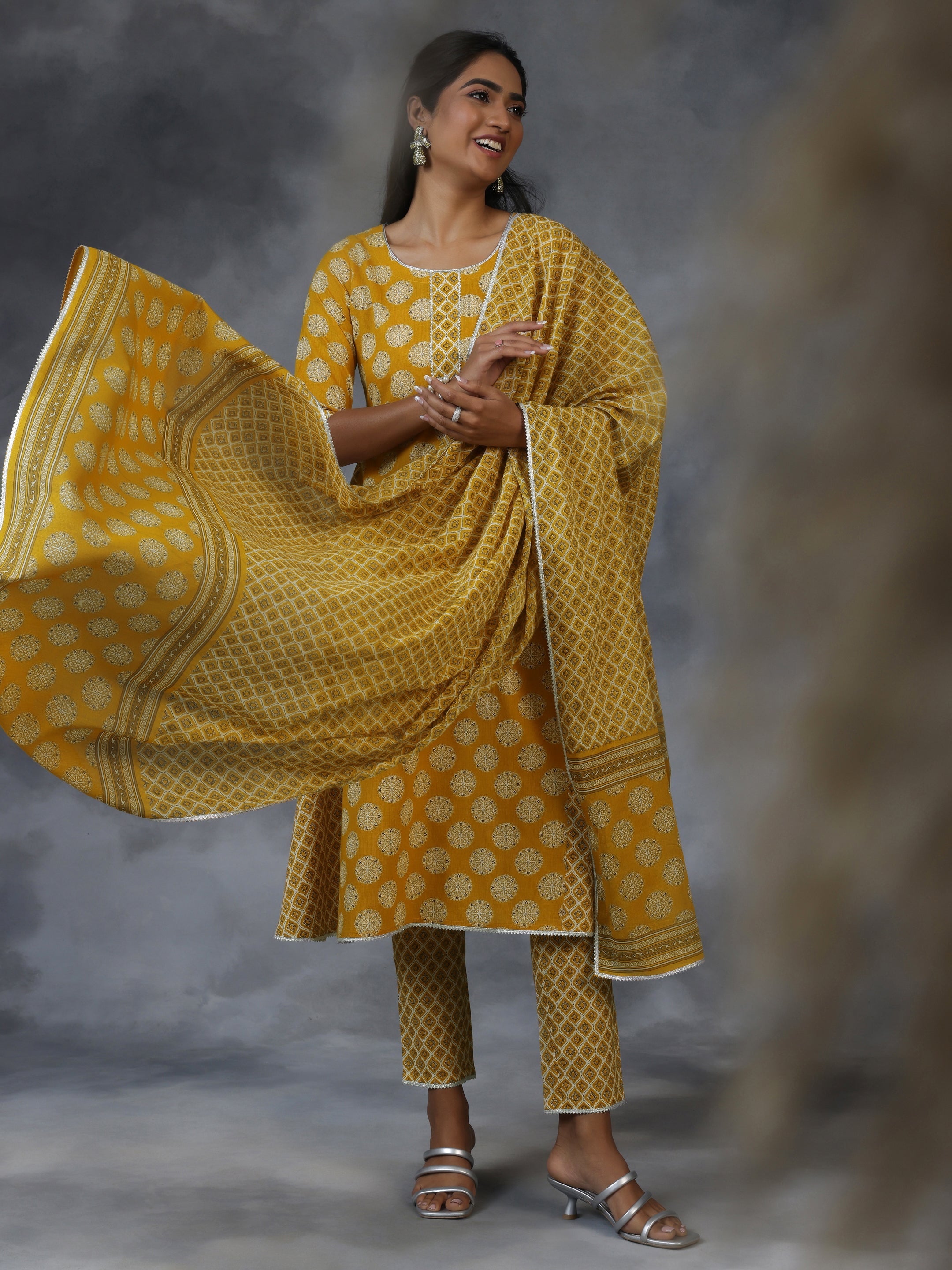 Mustard Printed Cotton A-Line Kurta With Trousers & Dupatta