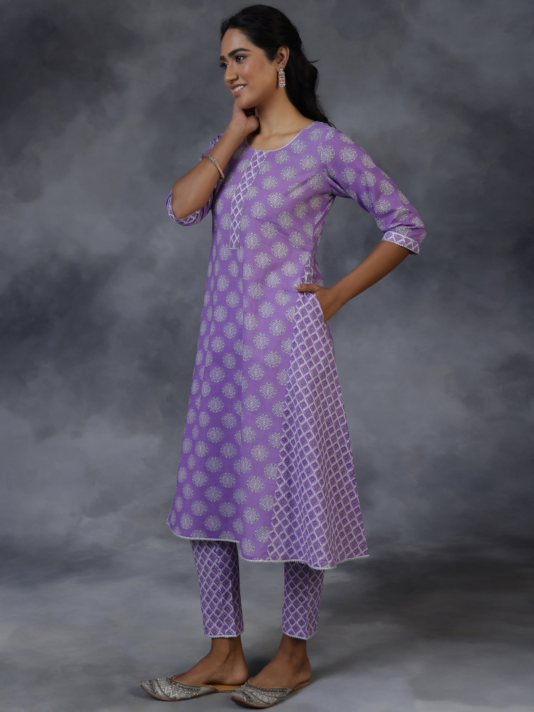 Purple Printed Cotton A-Line Kurta With Trousers & Dupatta