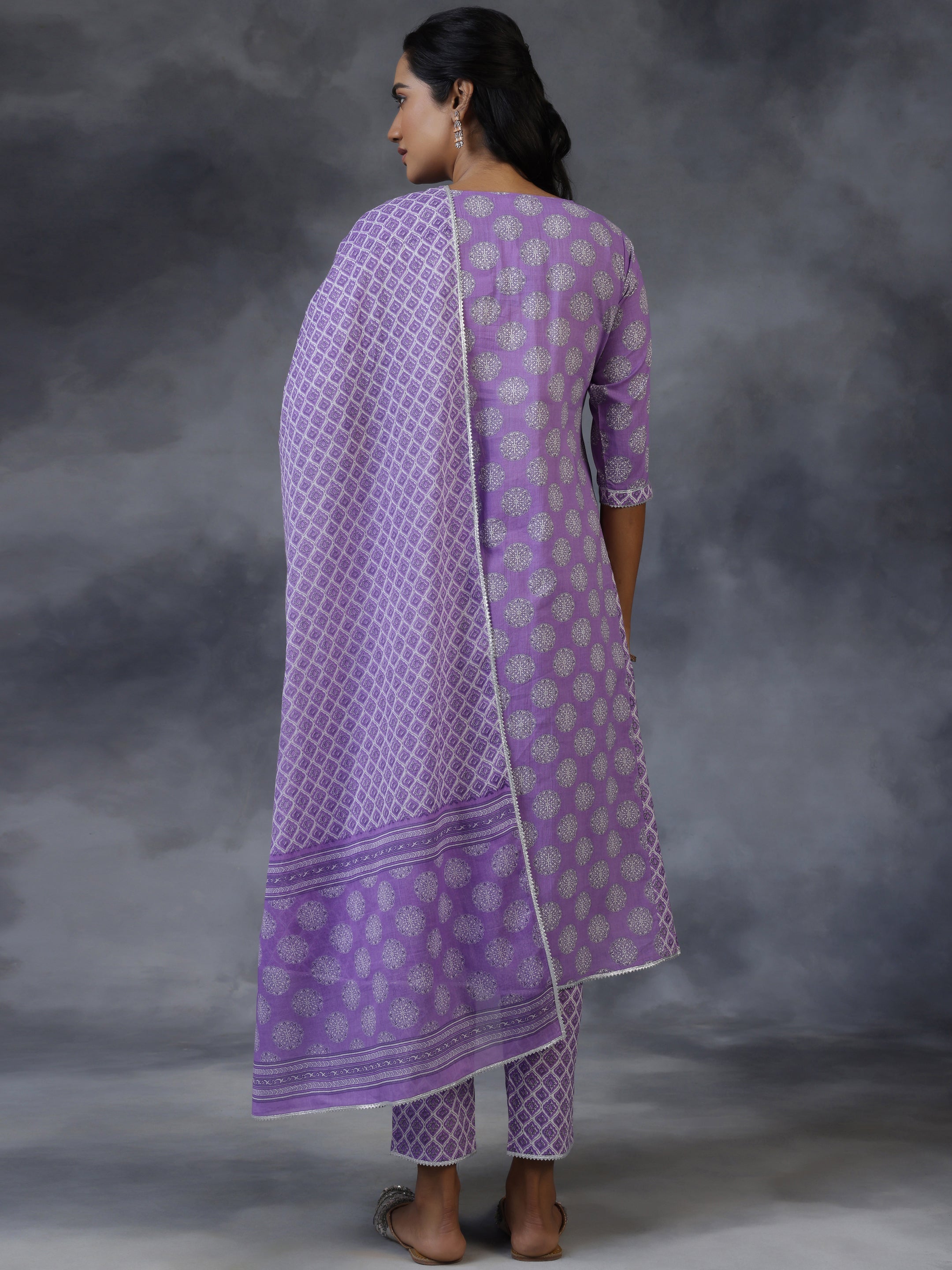 Purple Printed Cotton A-Line Kurta With Trousers & Dupatta