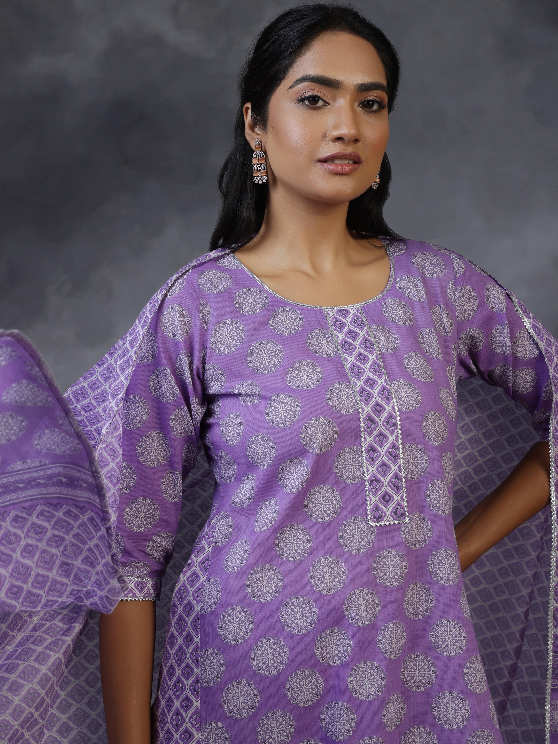 Purple Printed Cotton A-Line Kurta With Trousers & Dupatta