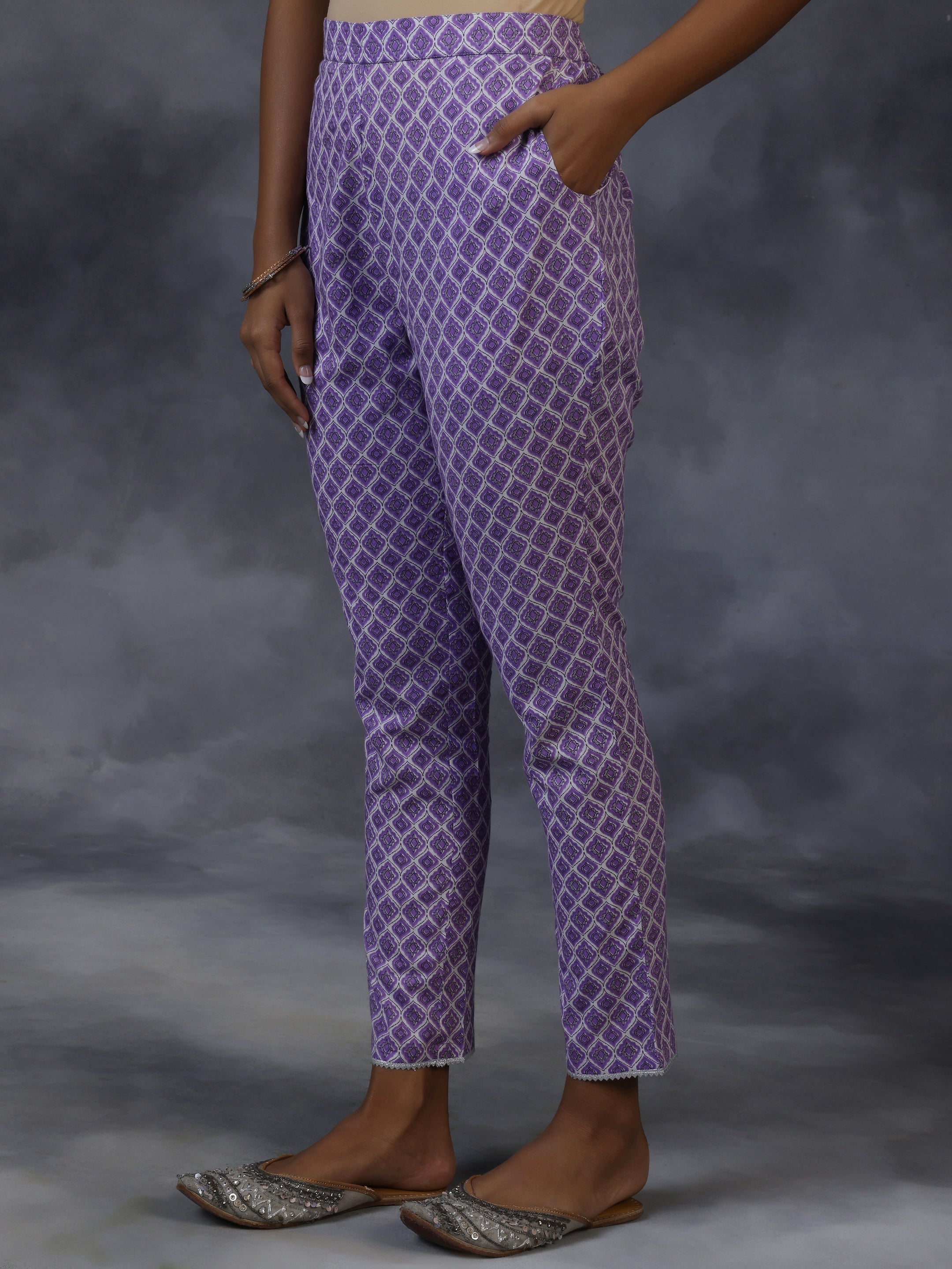 Purple Printed Cotton A-Line Kurta With Trousers & Dupatta