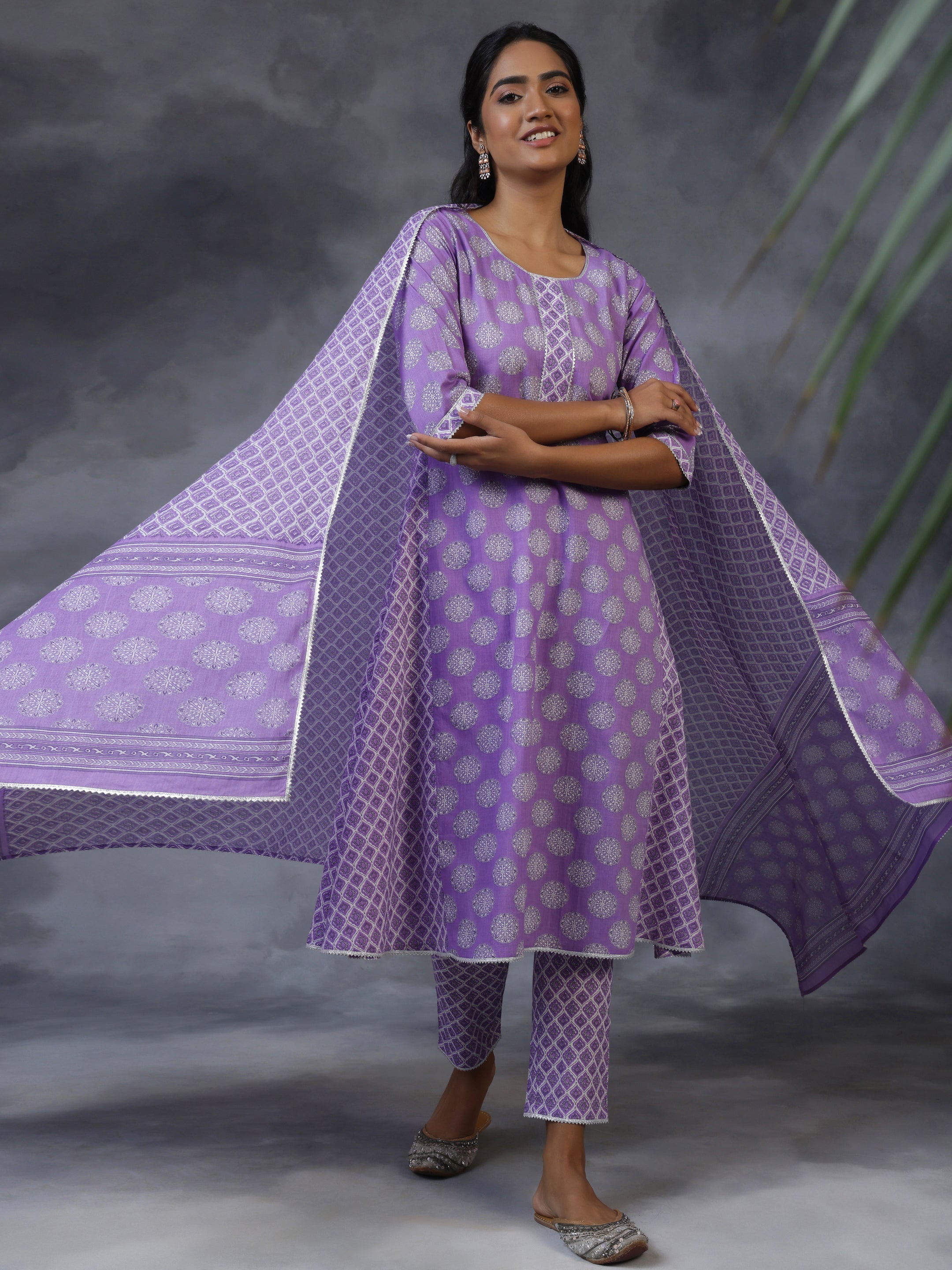 Purple Printed Cotton A-Line Kurta With Trousers & Dupatta