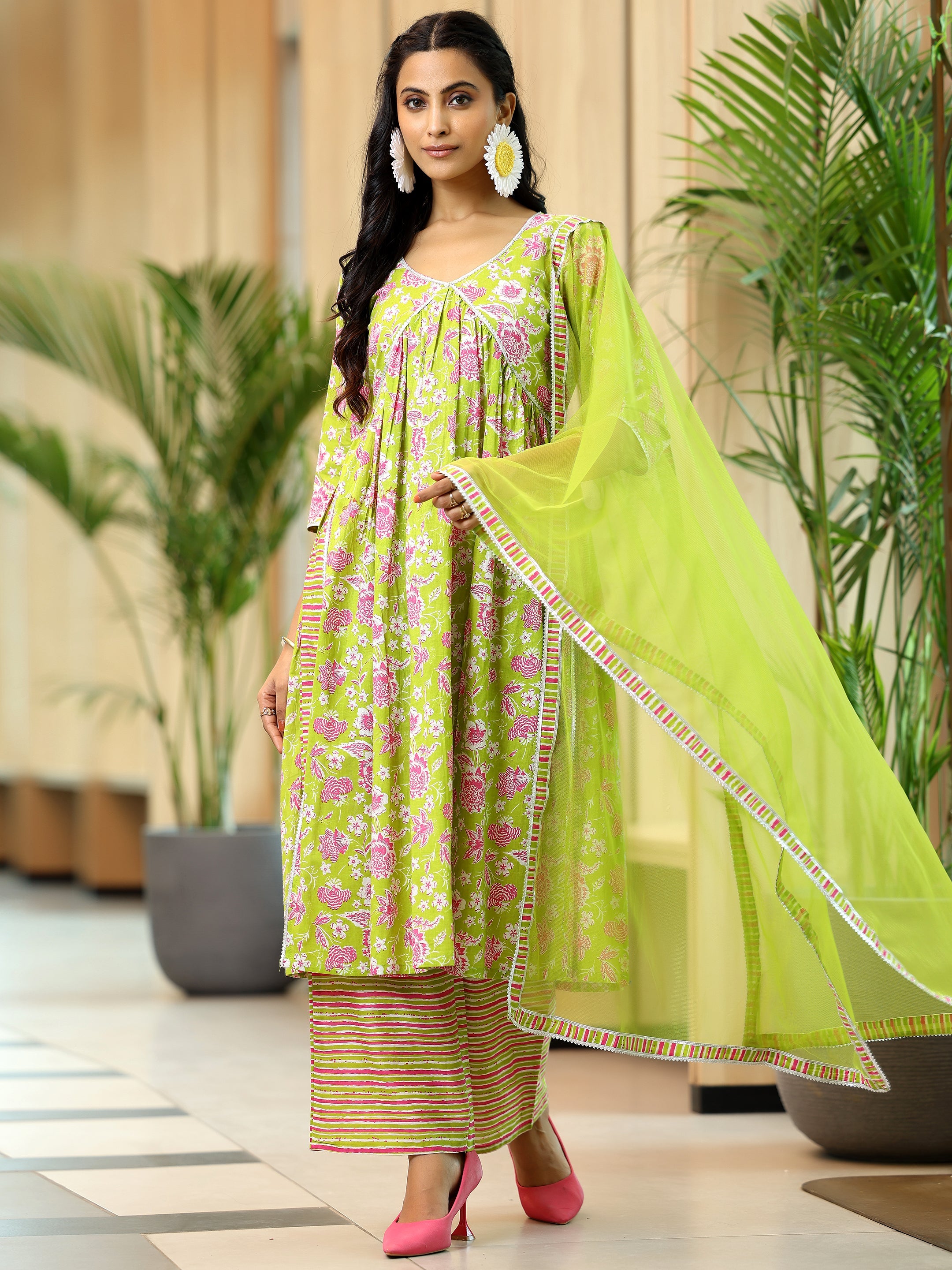 Green Printed Cotton A-Line Kurta With Palazzos & Dupatta