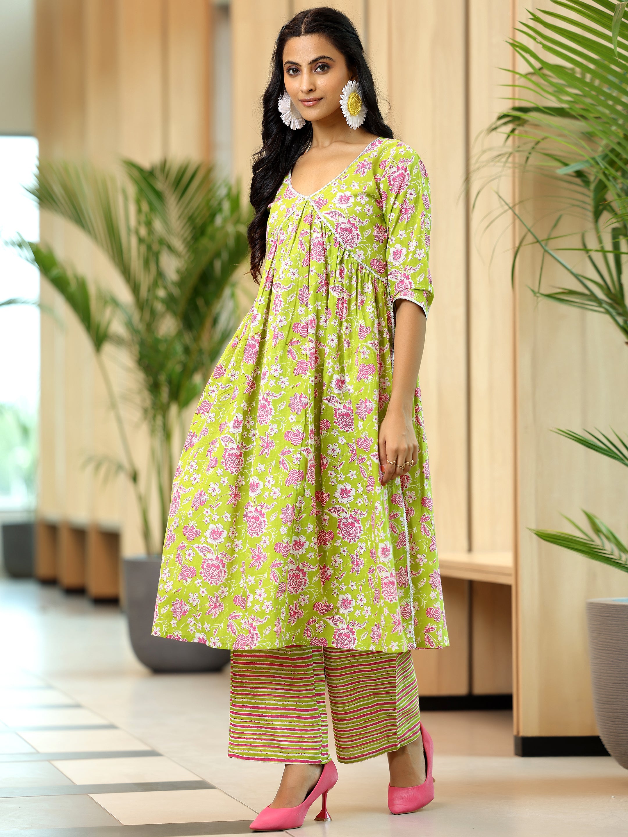 Green Printed Cotton A-Line Kurta With Palazzos & Dupatta