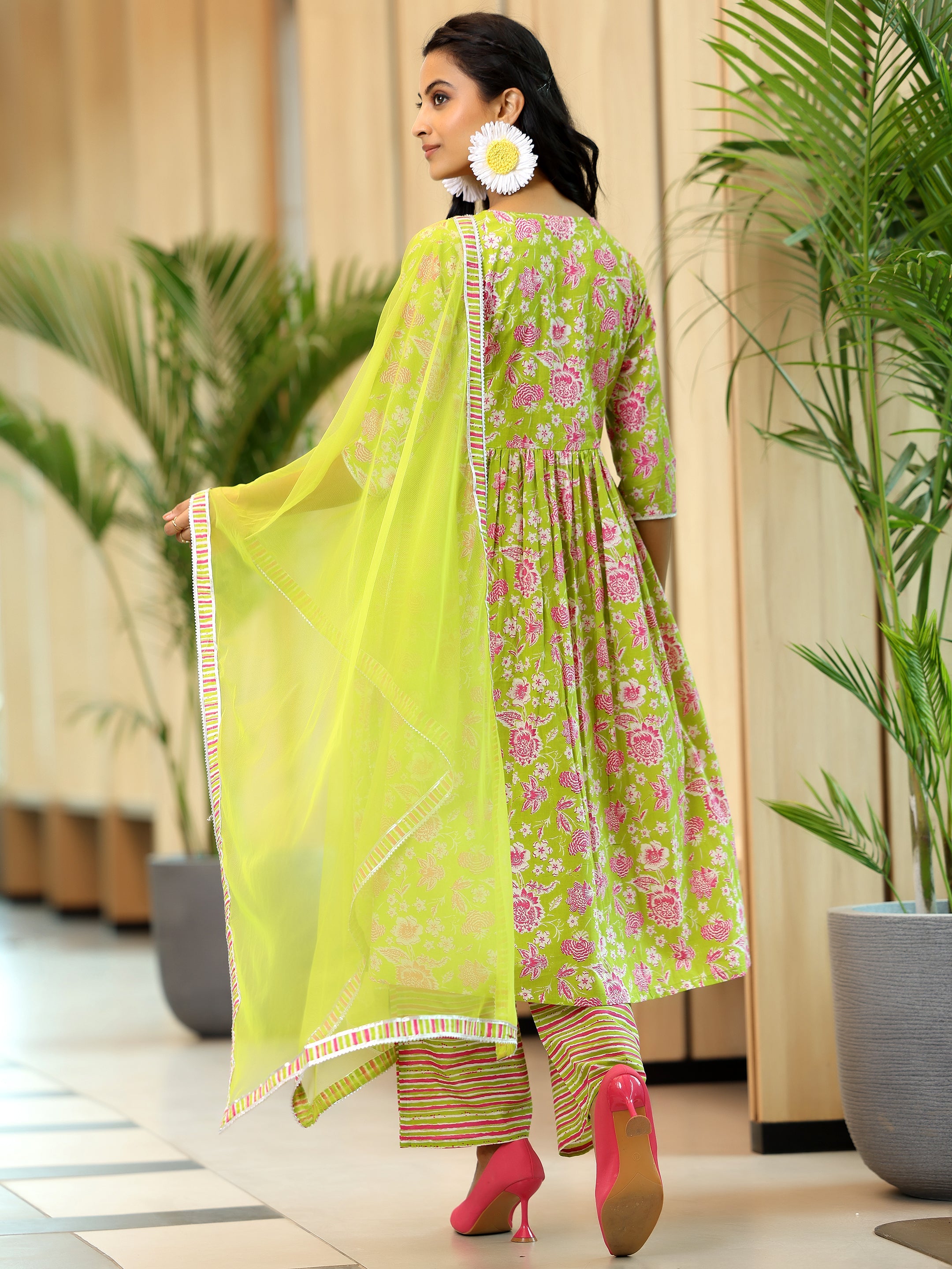 Green Printed Cotton A-Line Kurta With Palazzos & Dupatta